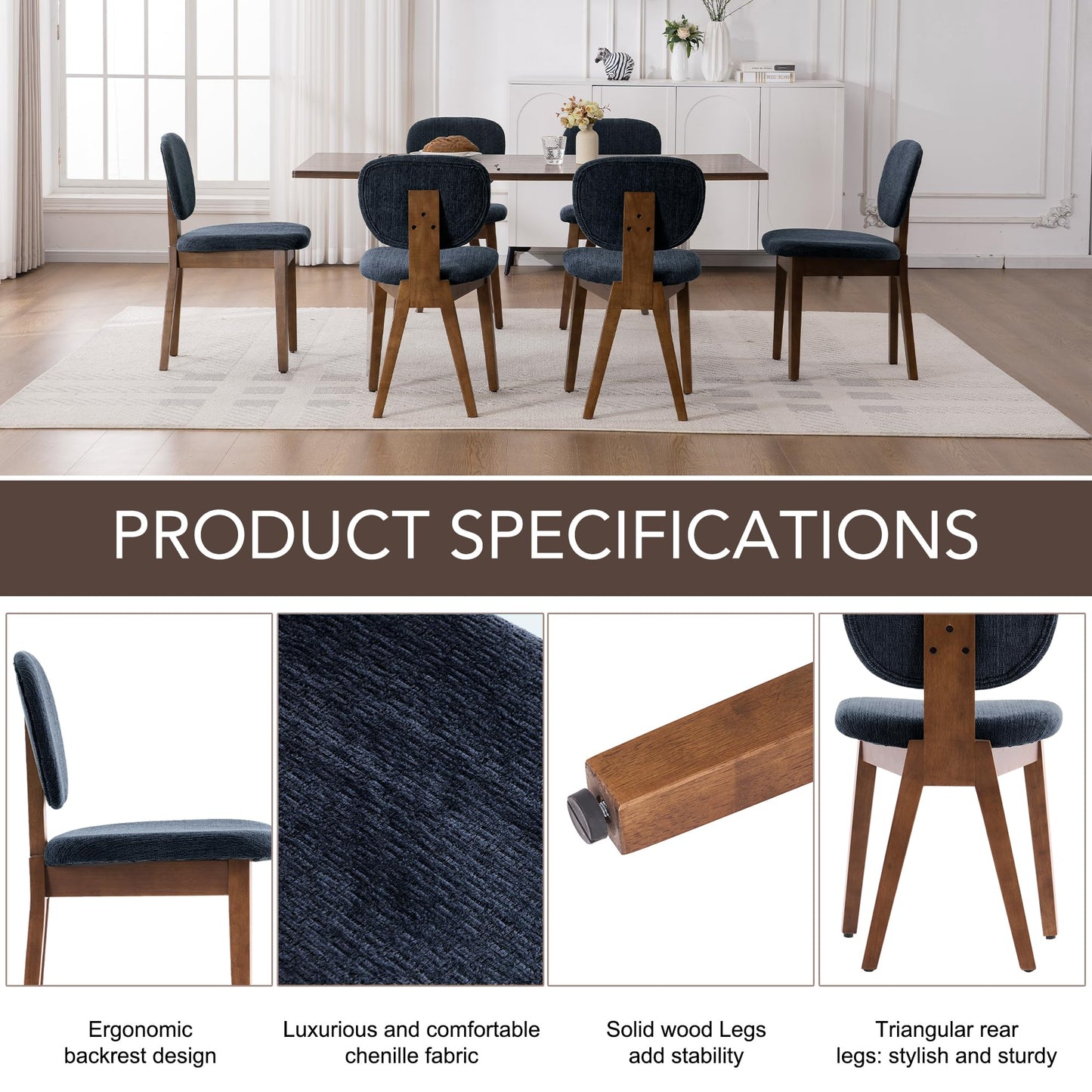 VKNOW Wooden Dining Chairs Set of 4, Mid Century Modern Upholstered Kitchen Side Chairs, Chenille Dining Room Chair with Curved Seat Backrest for Home Dining Room,Green
