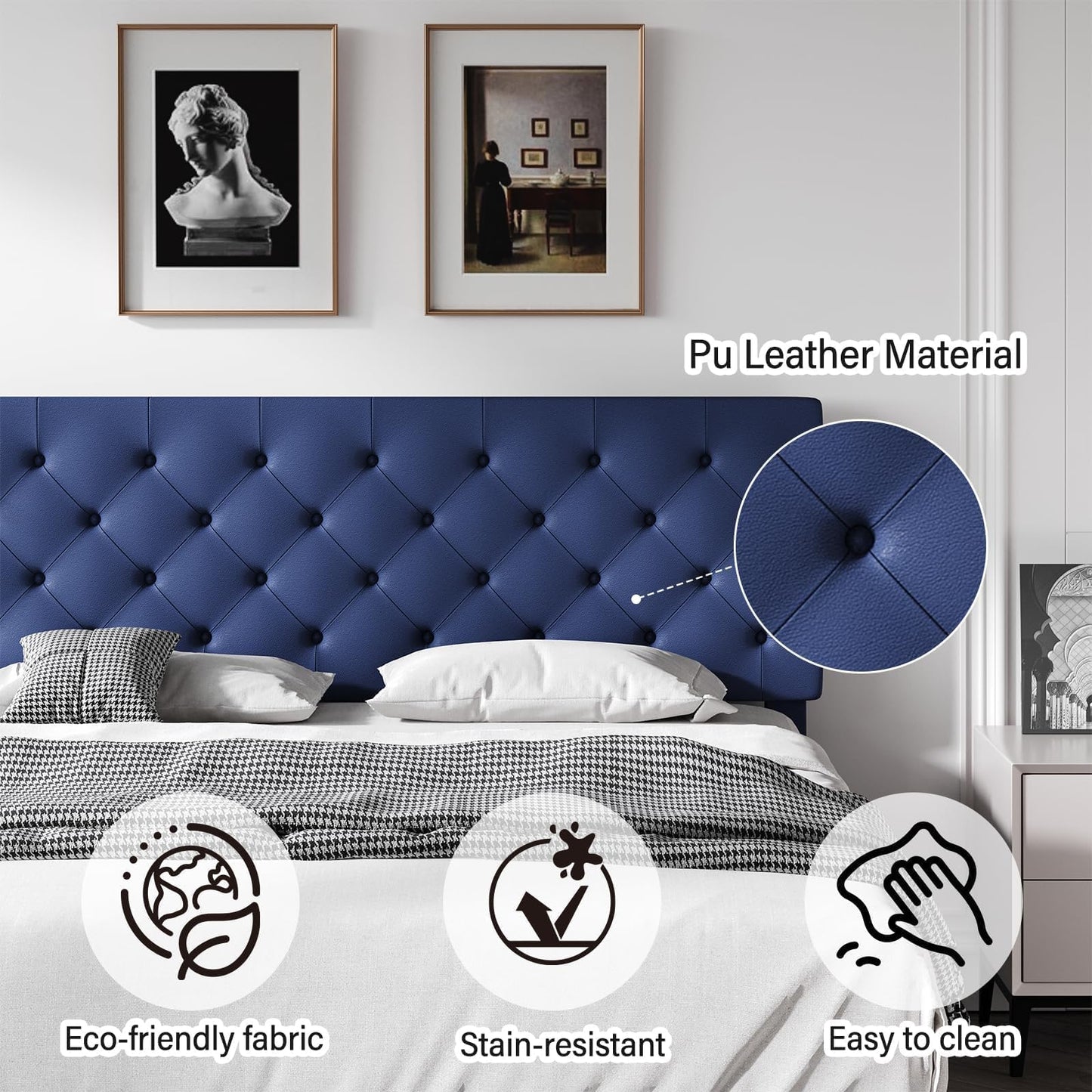 Queen Bed Frame with Headboard, Faux Leather Upholstered Platform Bed Frame, Blue Bed Frame Queen Size, Wooden Slat Support, No Box Spring Needed, Navy Blue