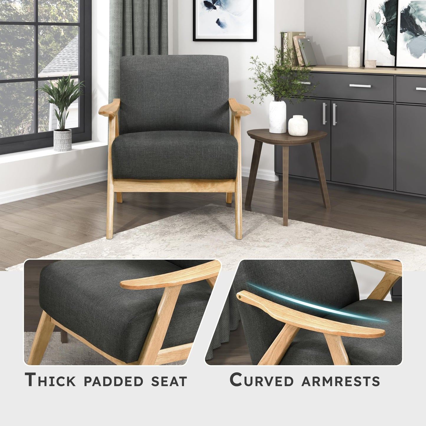 Lexicon Mid Century Modern Accent Chair with Solid Wood Frame in Walnut Finish, Upholstered Living Room Lounge Arm Chair, Thick and Comfy Innerspring Seat Cushion, Linen-Look Fabric, Gray