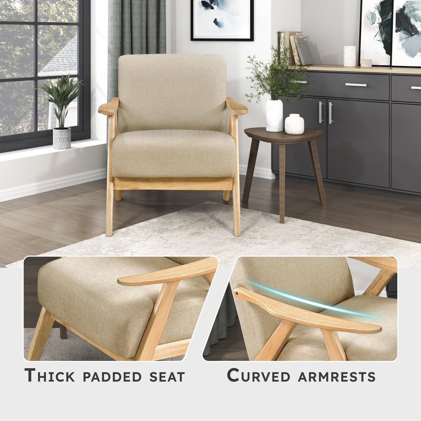 Lexicon Mid Century Modern Accent Chair with Solid Wood Frame in Walnut Finish, Upholstered Living Room Lounge Arm Chair, Thick and Comfy Innerspring Seat Cushion, Linen-Look Fabric, Gray