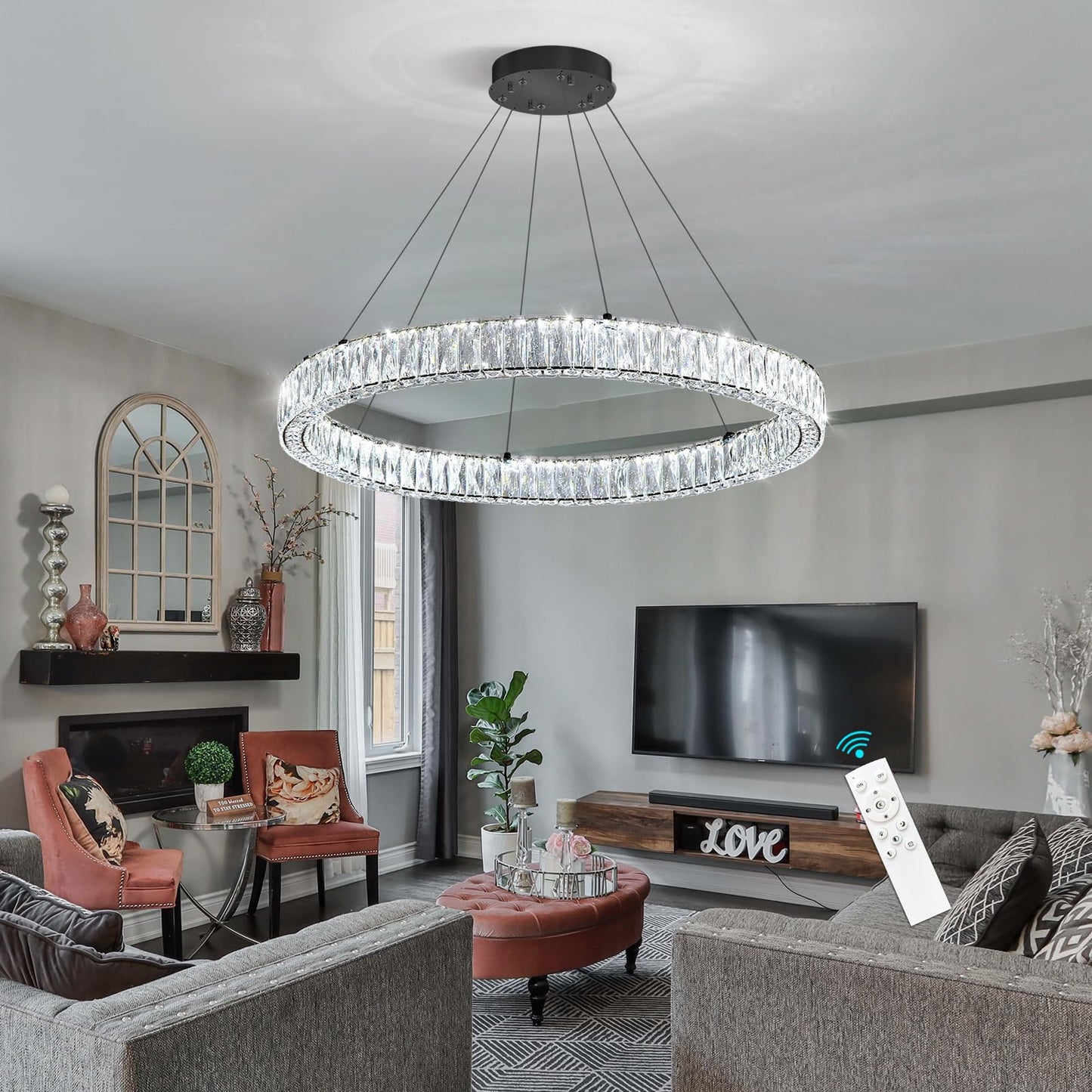 Modern Crystal Chandelier Dimmable LED Ring Pendant Lights Adjustable Glam Chandeliers Lighting Fixtures for Dining Room Living Room Bedroom Silver Light