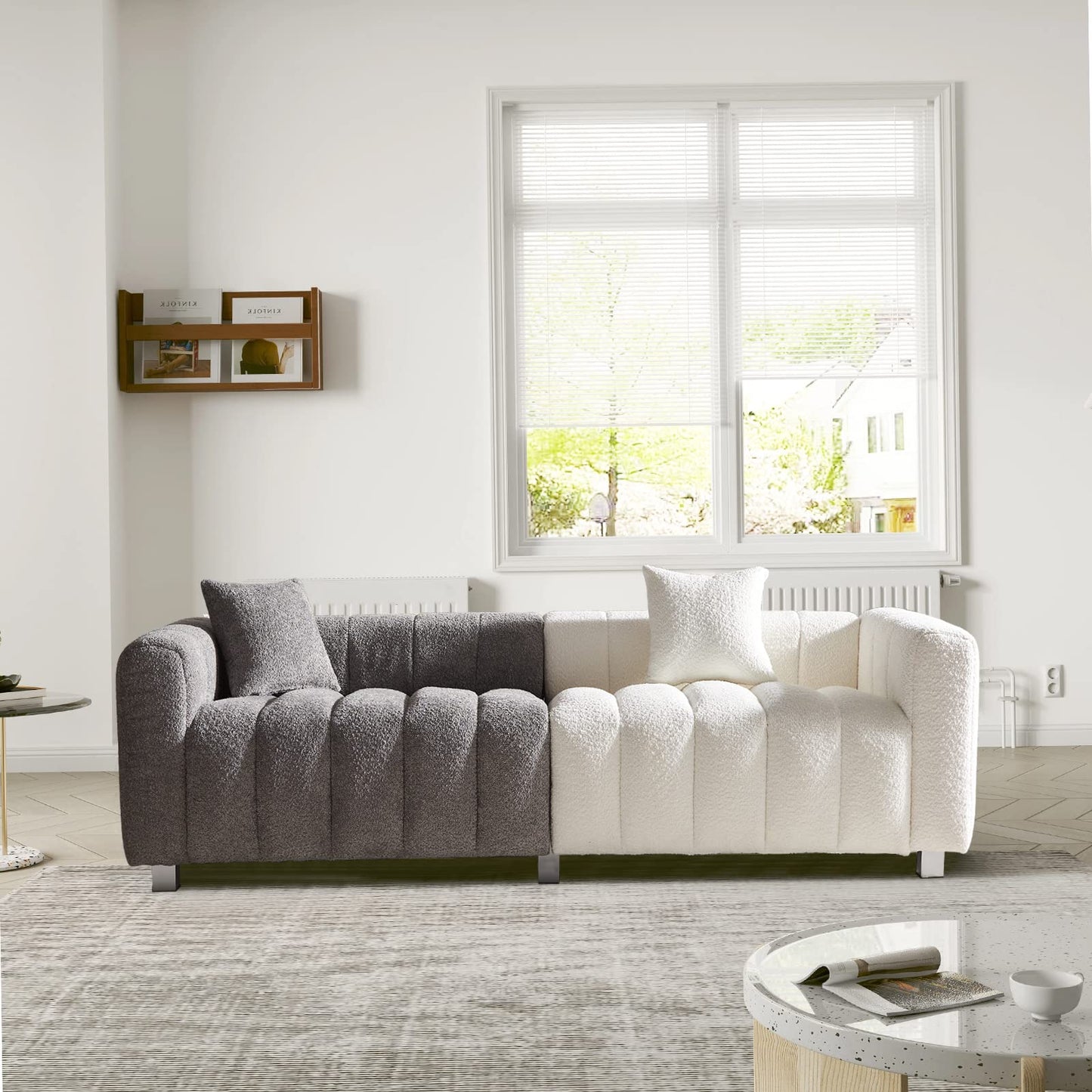 87.4" Modern 3 Seater Boucle Sofa Couch for Living Room, Mid Century Fluffy Couches with Solid Wood Frame and 6 Legs for Bedroom, Apartment, Weight Capacity 750 LBS (White)