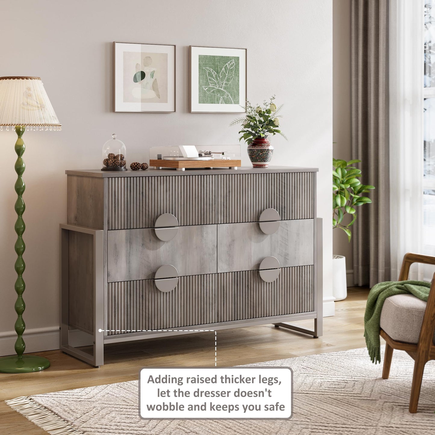 LGHM Fluted Gray Dresser for Bedroom, 50" Wide Chest of Drawers, Modern 6 Deep Drawers Dresser with Raised H Legs -Curved Profile Design, Easy Round Handles for Bedroom,Livingroom, Hallway, Gray