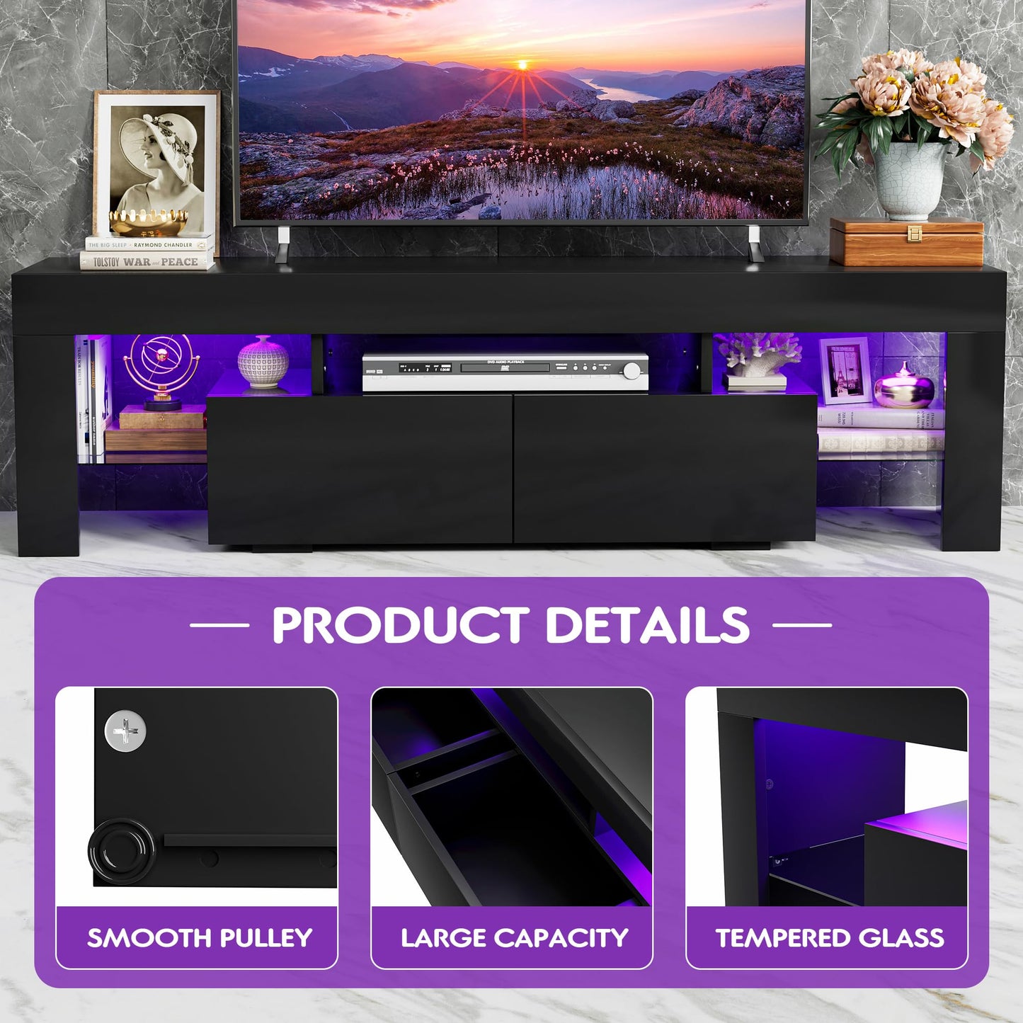 JUMMICO TV Stand, Modern Lighting TV Cabinet Entertainment Center Media and Open Shelf, TV Console Table with 1 Drawer and Remote Control, 20 Color LED Lights up to 70 Inch TV (White)