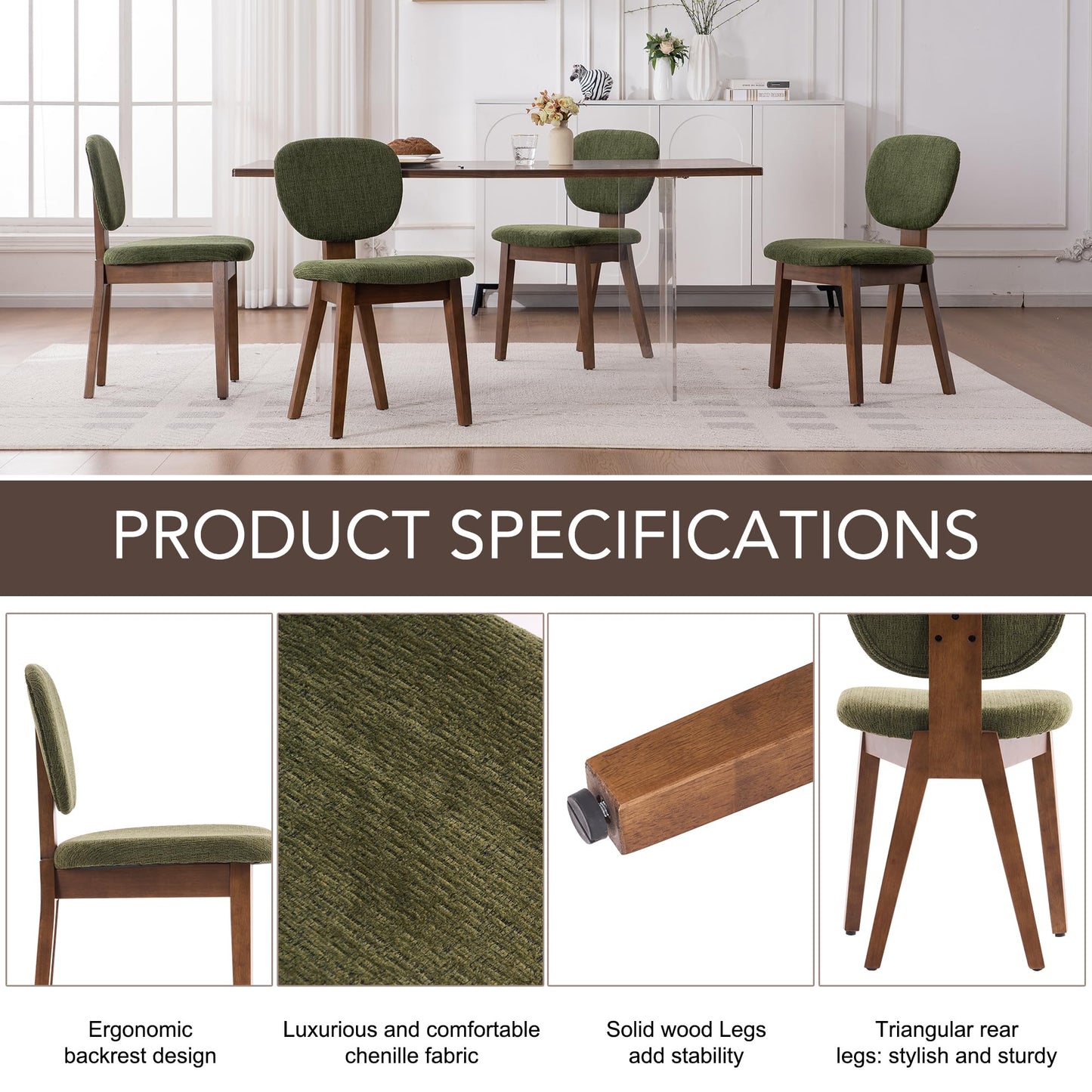VKNOW Wooden Dining Chairs Set of 4, Mid Century Modern Upholstered Kitchen Side Chairs, Chenille Dining Room Chair with Curved Seat Backrest for Home Dining Room,Green