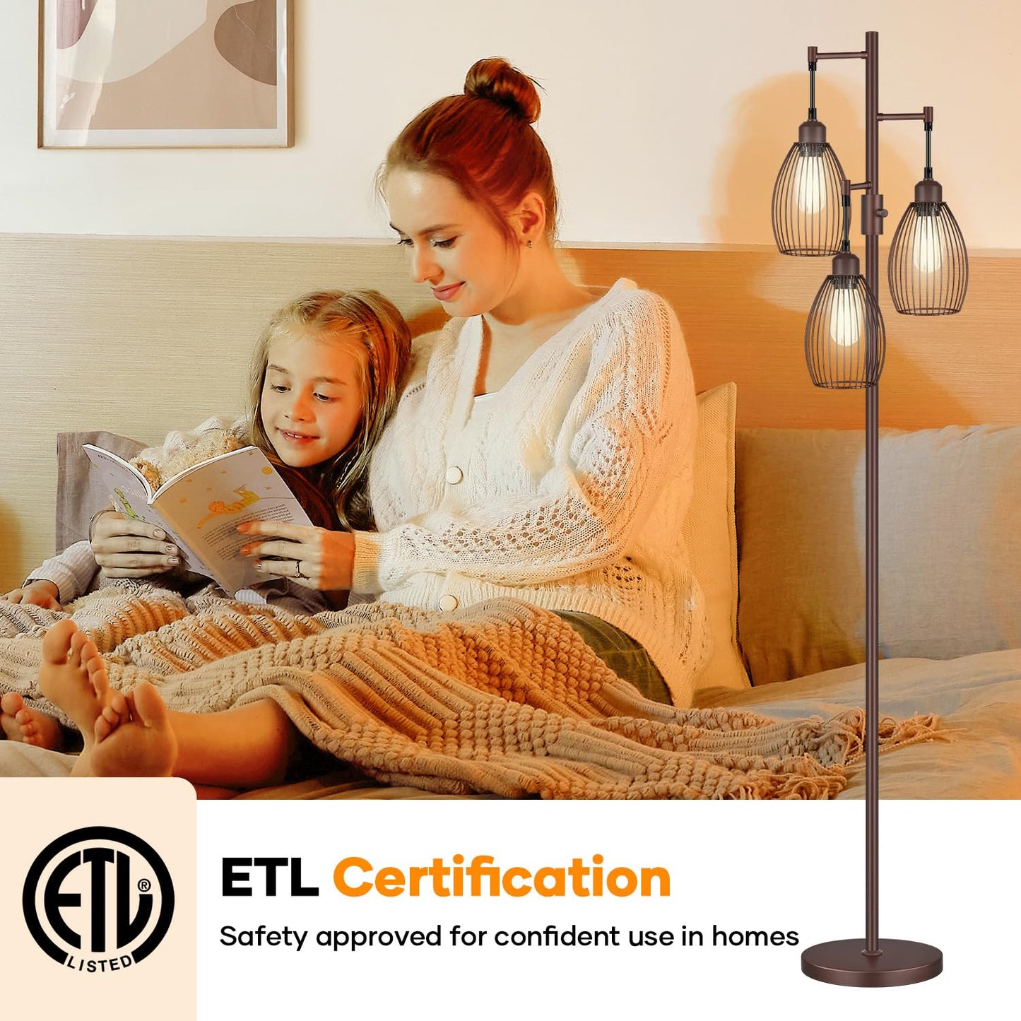 Dimmable Floor Lamp, 3 x 800LM LED Edison Bulbs Included, Farmhouse Industrial Floor Lamp Standing Tree Lamp with Elegant Teardrop Cage Tall Lamps for Living Room Bedroom Office Dining Room-Black