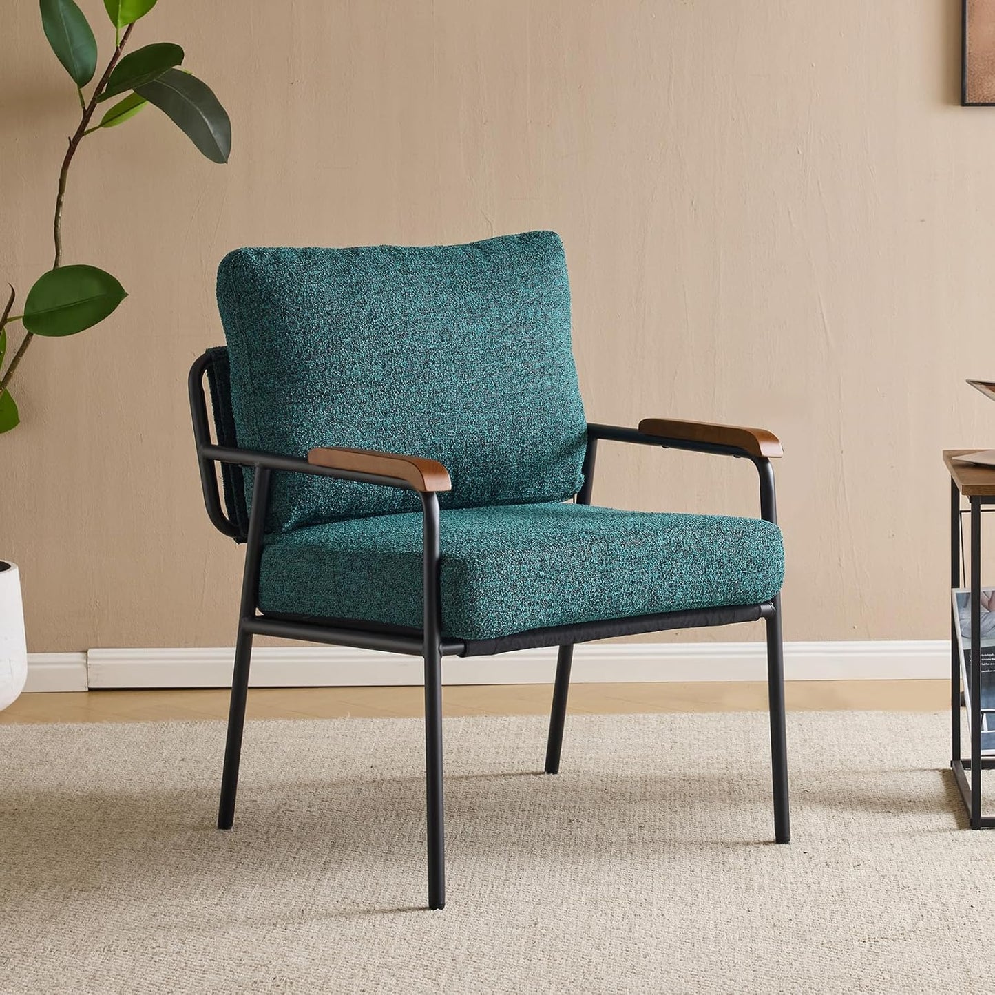 VINGLI Mid-Century Modern Accent Armchiar for Small Space, Small Comfy Upholstered Leisure Reading Chair with Wood Armrest for Bedroom, Living Room, Waiting Room, Linen Teal