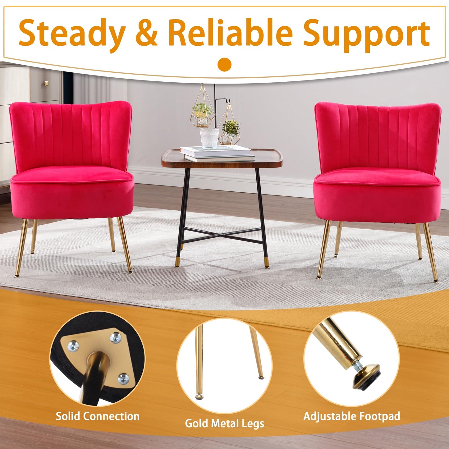 ABET Accent Chairs Set of 2, Velvet Armless Living Room Chairs with Tufted Wingback Thicken Cushion Gold Metal Legs, Comfy Upholstered Side Chairs Slipper Chairs Club Chairs for Bedroom, Beige