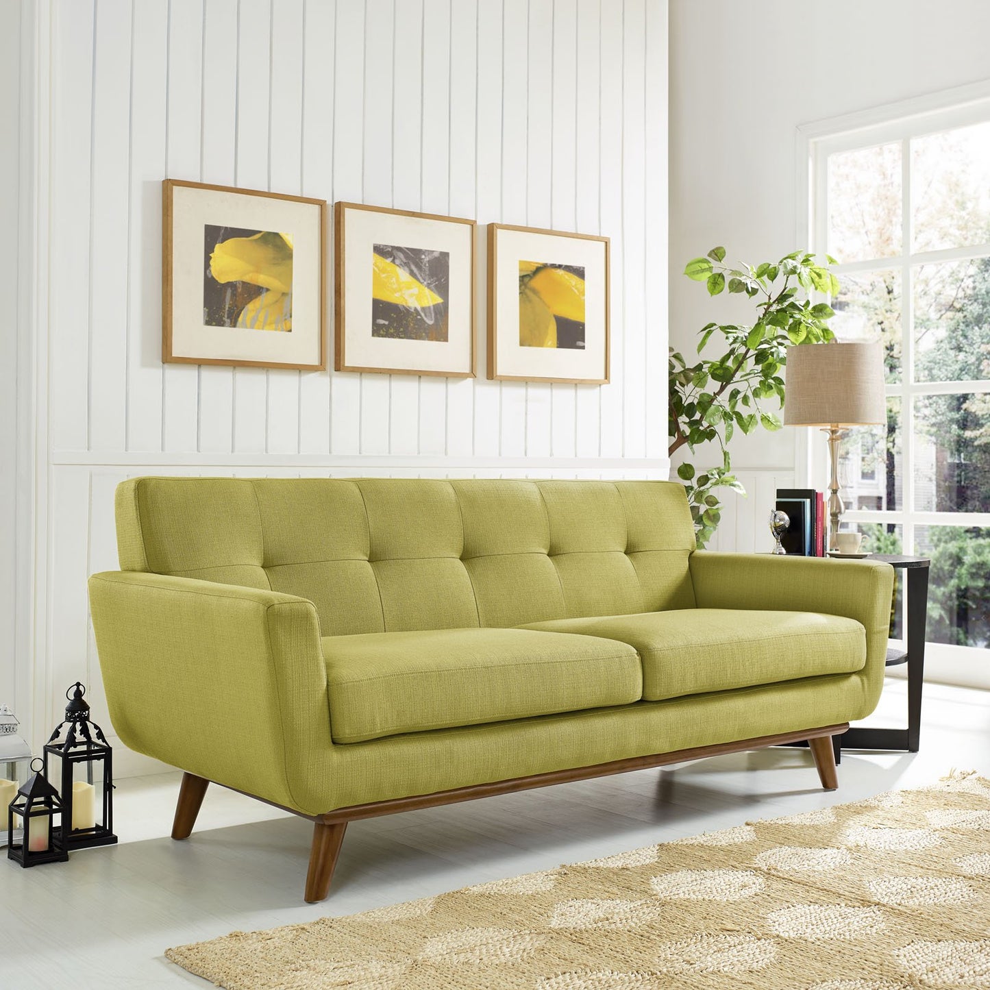 Modway Engage Mid-Century Modern Upholstered Fabric Sofa in Wheatgrass