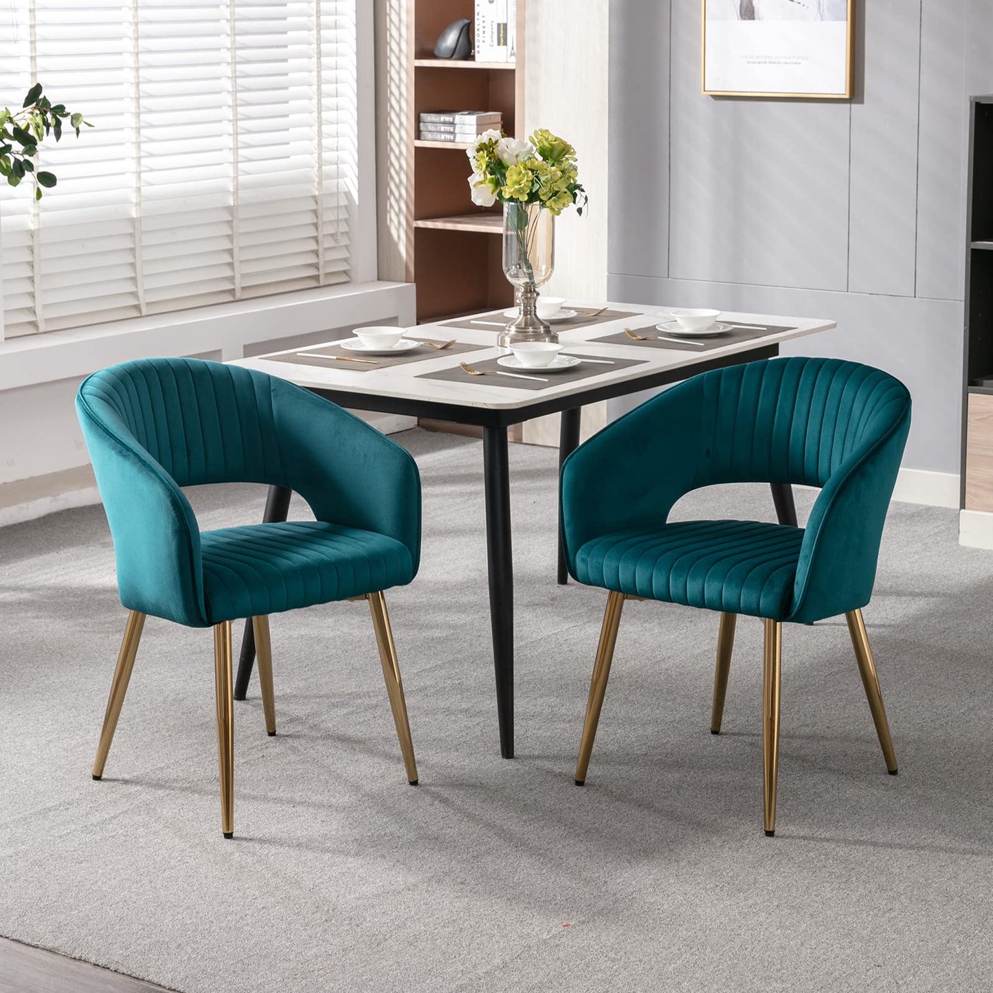 Modern Velvet Dining Chairs Set of 2, Upholstered Gold Dining Chairs with Hollow Back, Dining Room Chairs with Gold Legs, Accent Armrest Kitchen Chairs for Living Room Reception Teal Blue