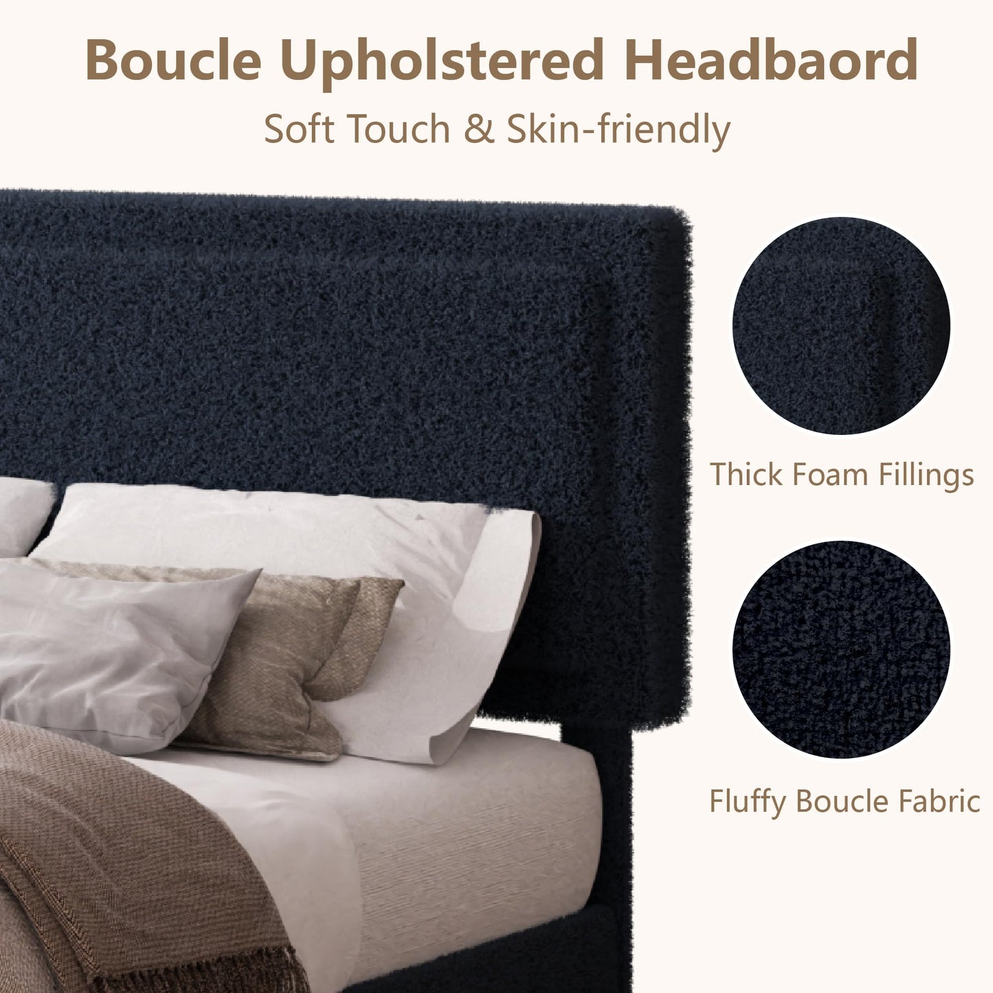 King Size Bed Frame and Headboard, Boucle Upholstered Platform Cloud Bed Frame with Headboard, Soft Teddy Fabric, Modern Style, No Box Spring Required, Easy Assembly, Blue-Black