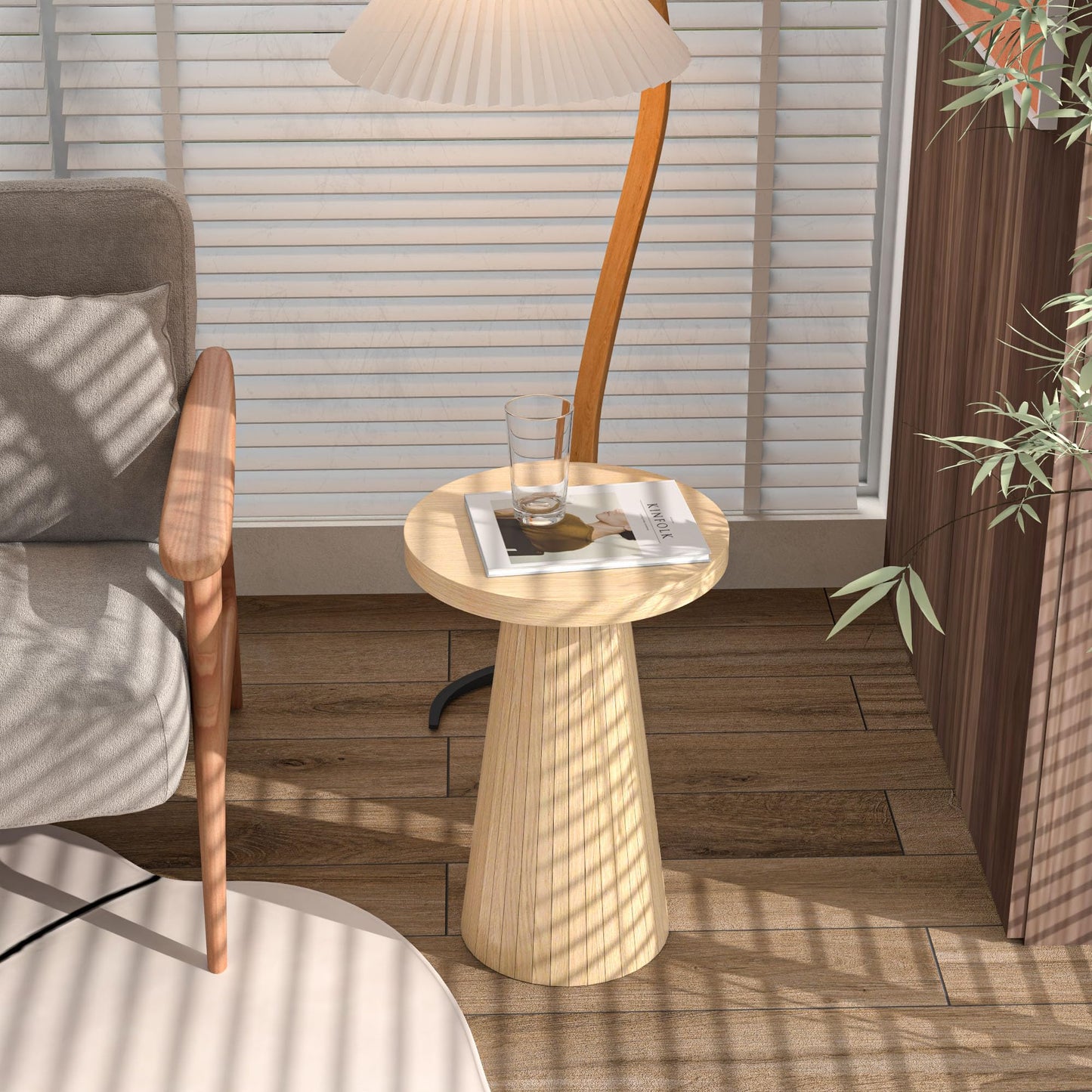 Small Round Pedestal Side Table, Wooden End Table for Living Room, Fluted Drink Table for Small Space, Modern Plant Stand Accent Table for Sofa Couch, 13.6 inch (Walnut)