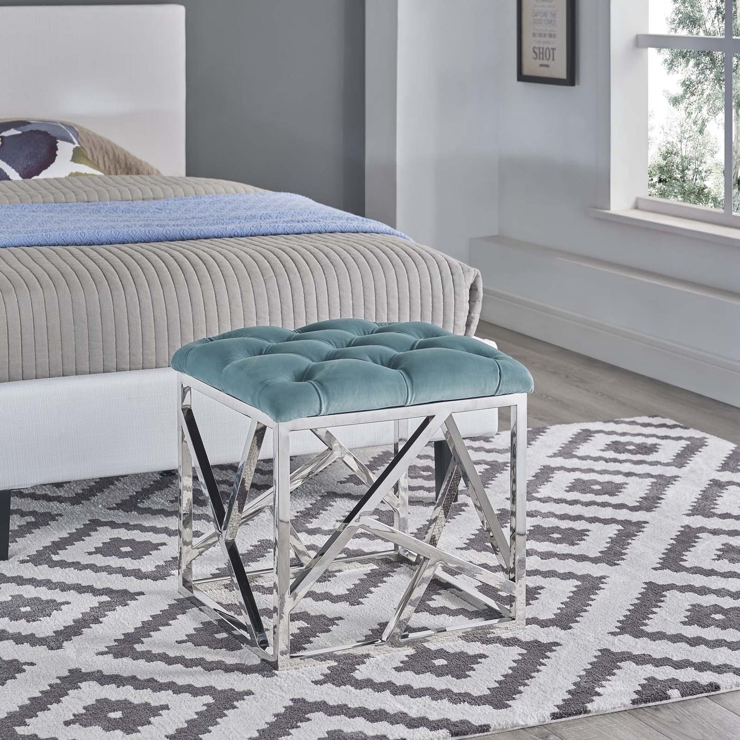 Modway intersperse Button-Tufted Contemporary Modern with Metallic Frame, Bench, Silver Gray