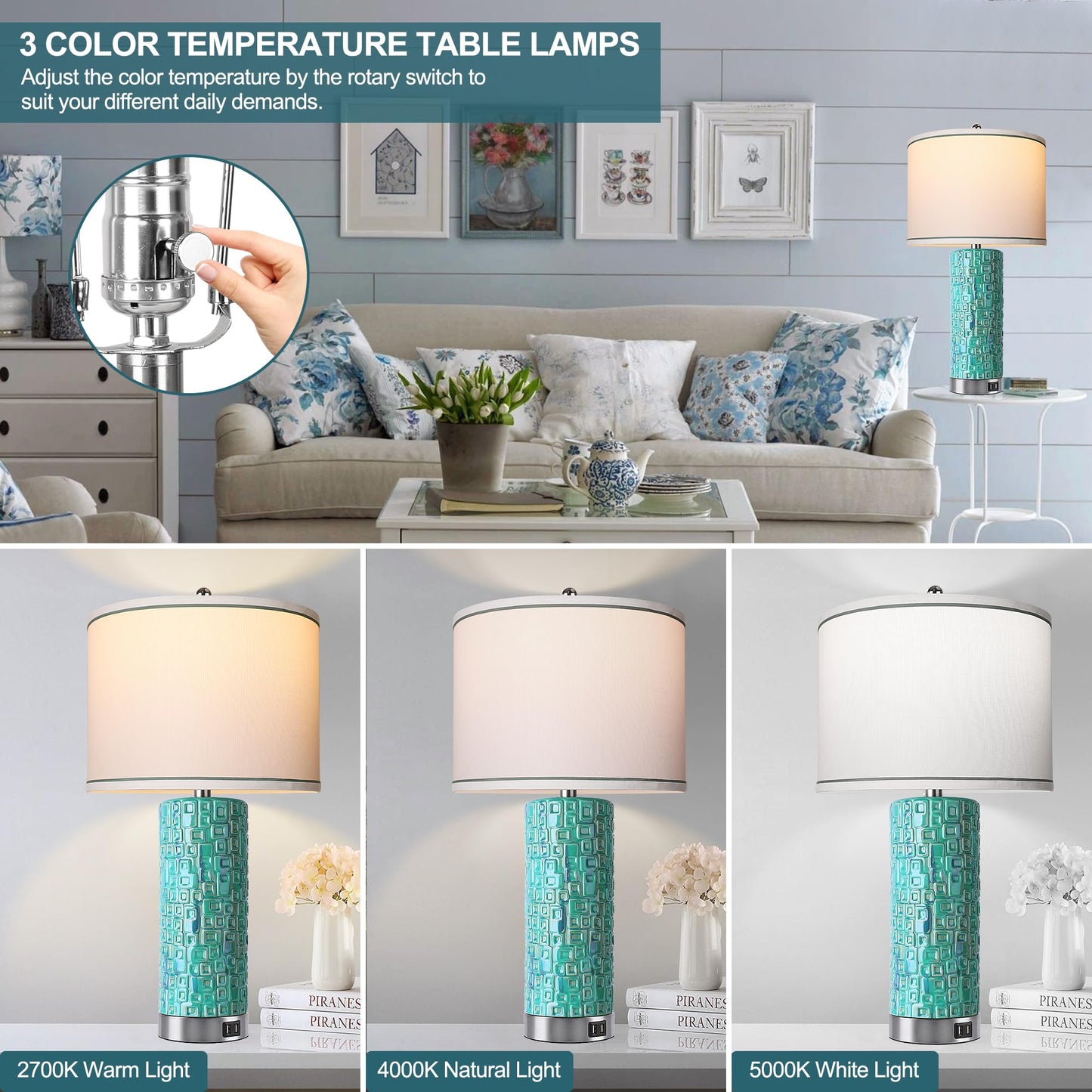 CeramicTable Lamps Set of 2 Lamps for Bedroom Living Room Office 26" Rotary Coastal Bedside Lamp for Nightstand with 2 USB Ports 3-Colors