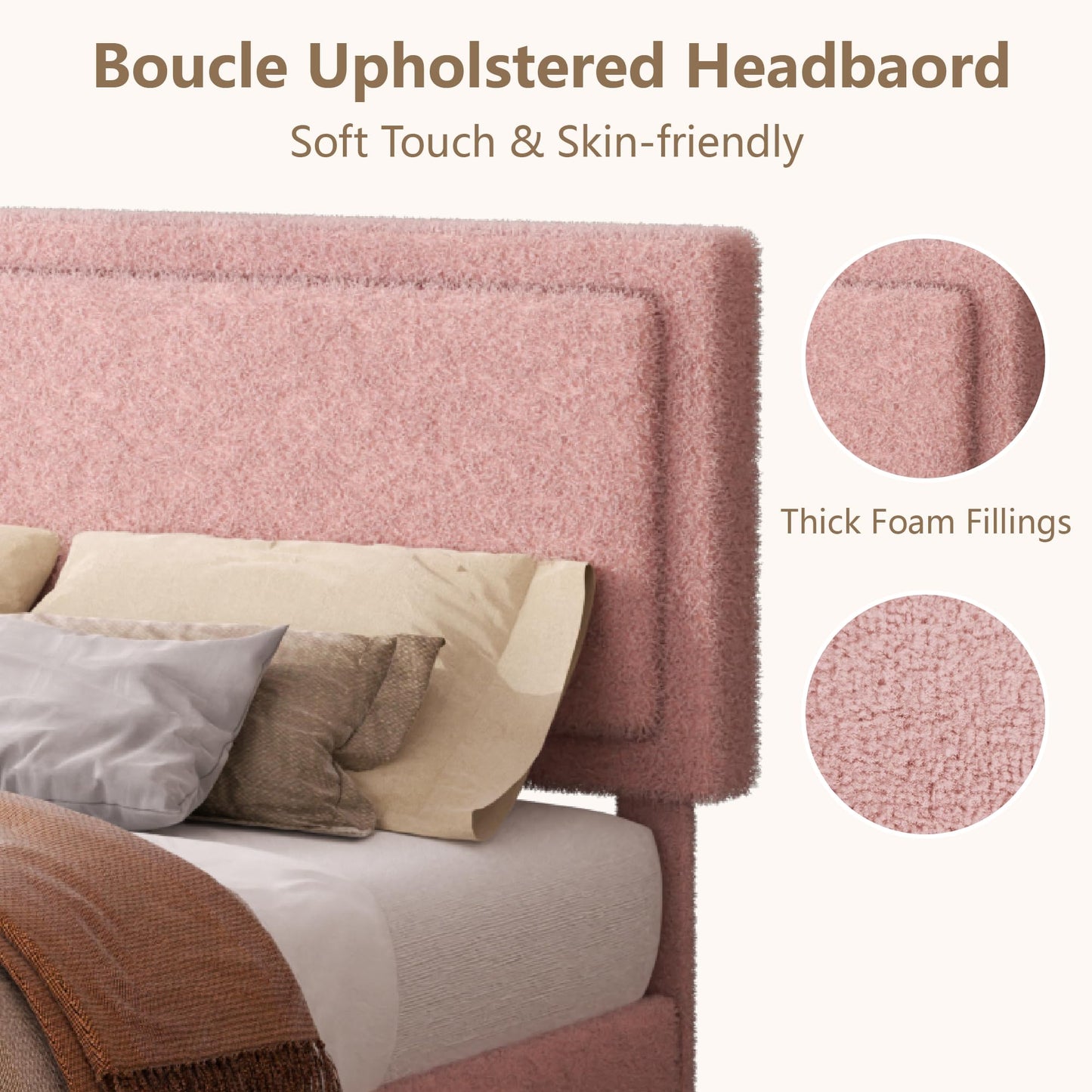 King Size Bed Frame and Headboard, Boucle Upholstered Platform Cloud Bed Frame with Headboard, Soft Teddy Fabric, Modern Style, No Box Spring Required, Easy Assembly, Blue-Black