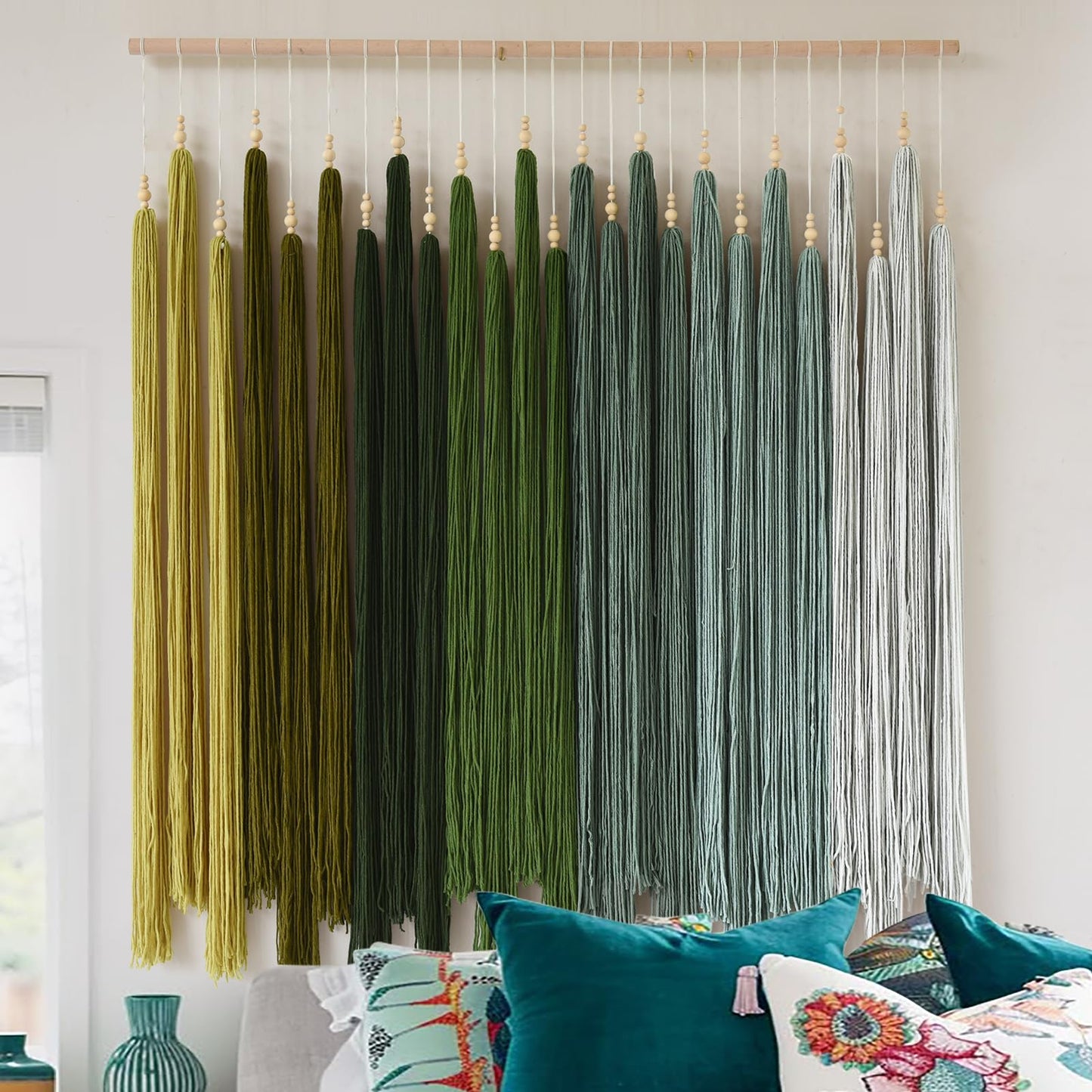 IOWER Macrame Wall Hanging Brown Yarn Beaded Backdrop Boho Wall Decor Round Tassel Home Wall Aesthetic Living Rooms Bedrooms Offices Geometric Art Chic Home Decor 39" W x 55" L