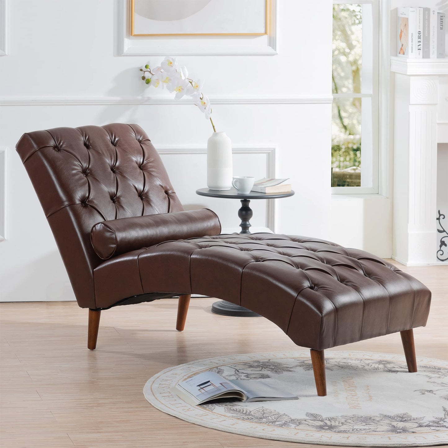 HomSof Modern ArmLess Chaise Lounge Indoor Black Upholstered Reclining Chair with Rolled Accent Pillow and Solid Wood Legs