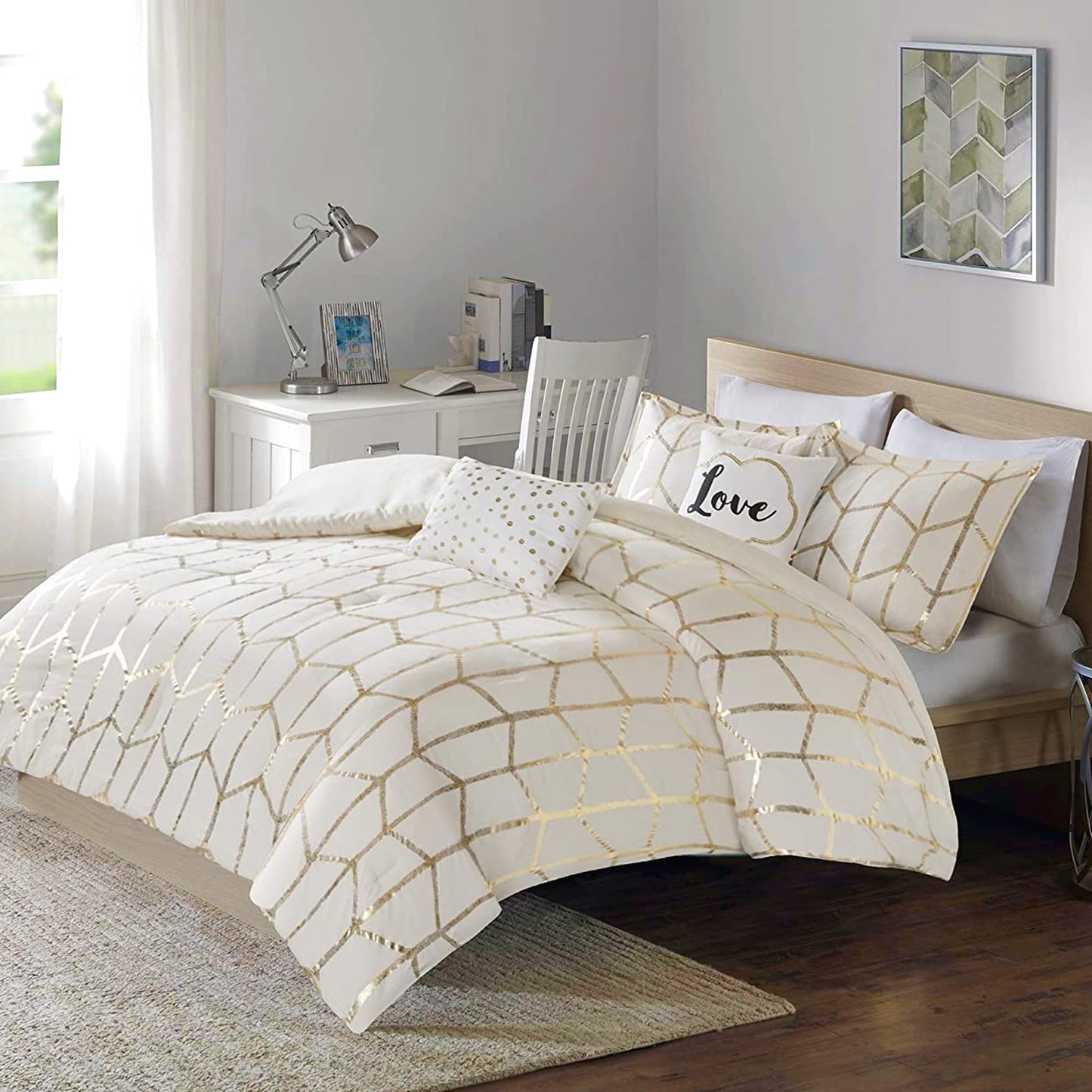Intelligent Design, Soft Microfiber Comforter Modern Geometric Metallic Bed Set, Full/Queen, Grey/Silver