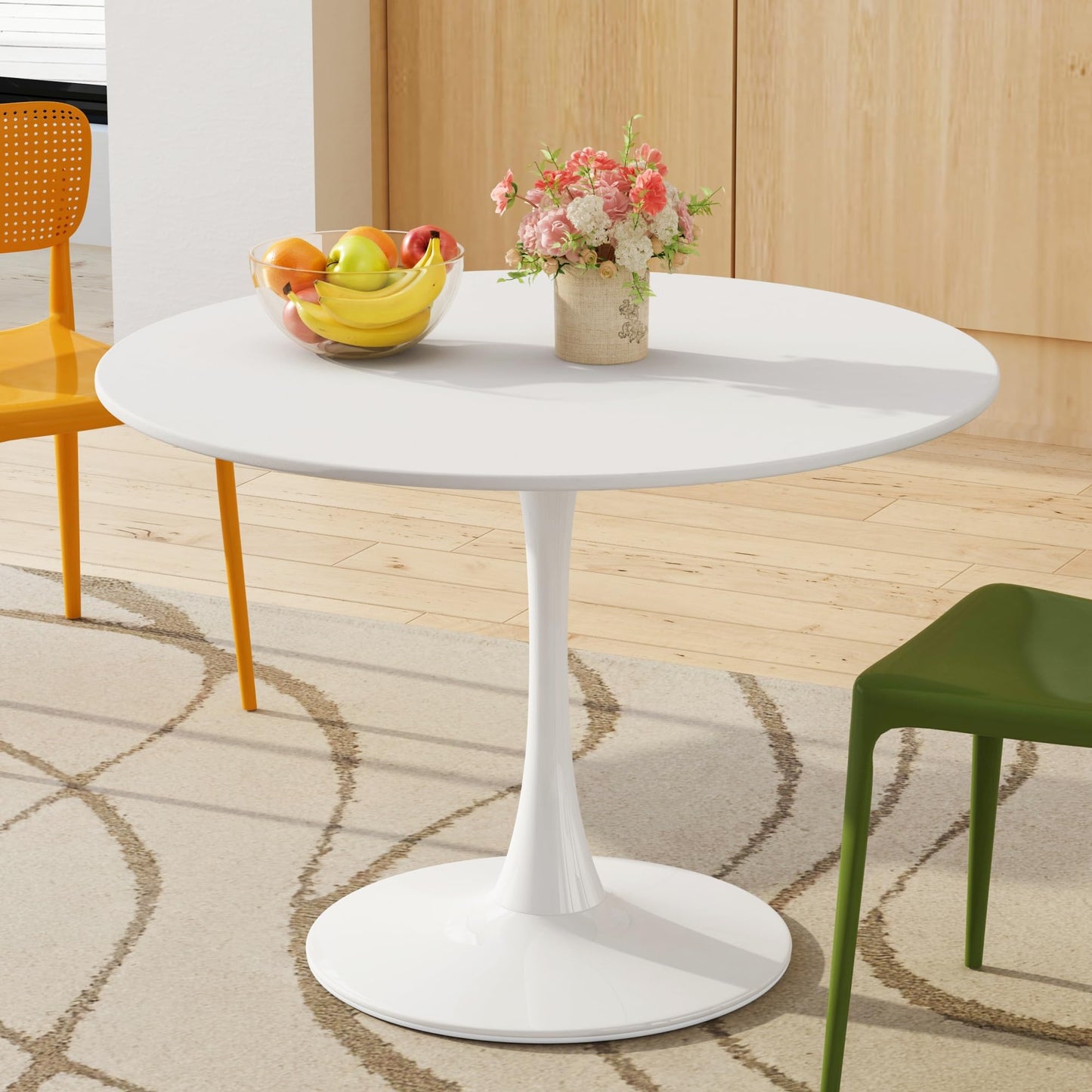 DKLGG 42" Modern Round Dining Table with MDF Top, Metal Base Pedestal Tulip Kitchen Table for 4-6 Person, Small Space Home, End Leisure Coffee Table, White