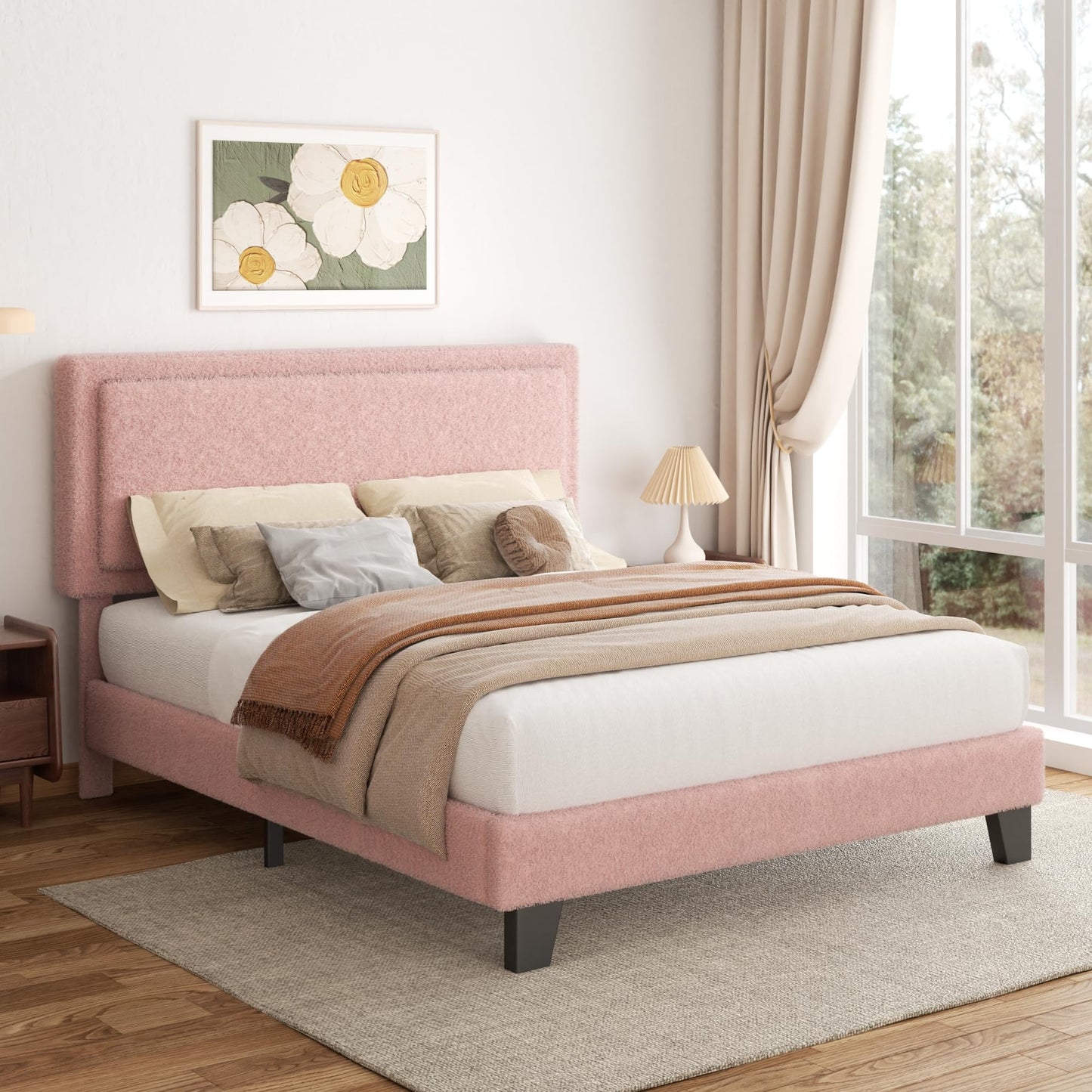 King Size Bed Frame and Headboard, Boucle Upholstered Platform Cloud Bed Frame with Headboard, Soft Teddy Fabric, Modern Style, No Box Spring Required, Easy Assembly, Blue-Black