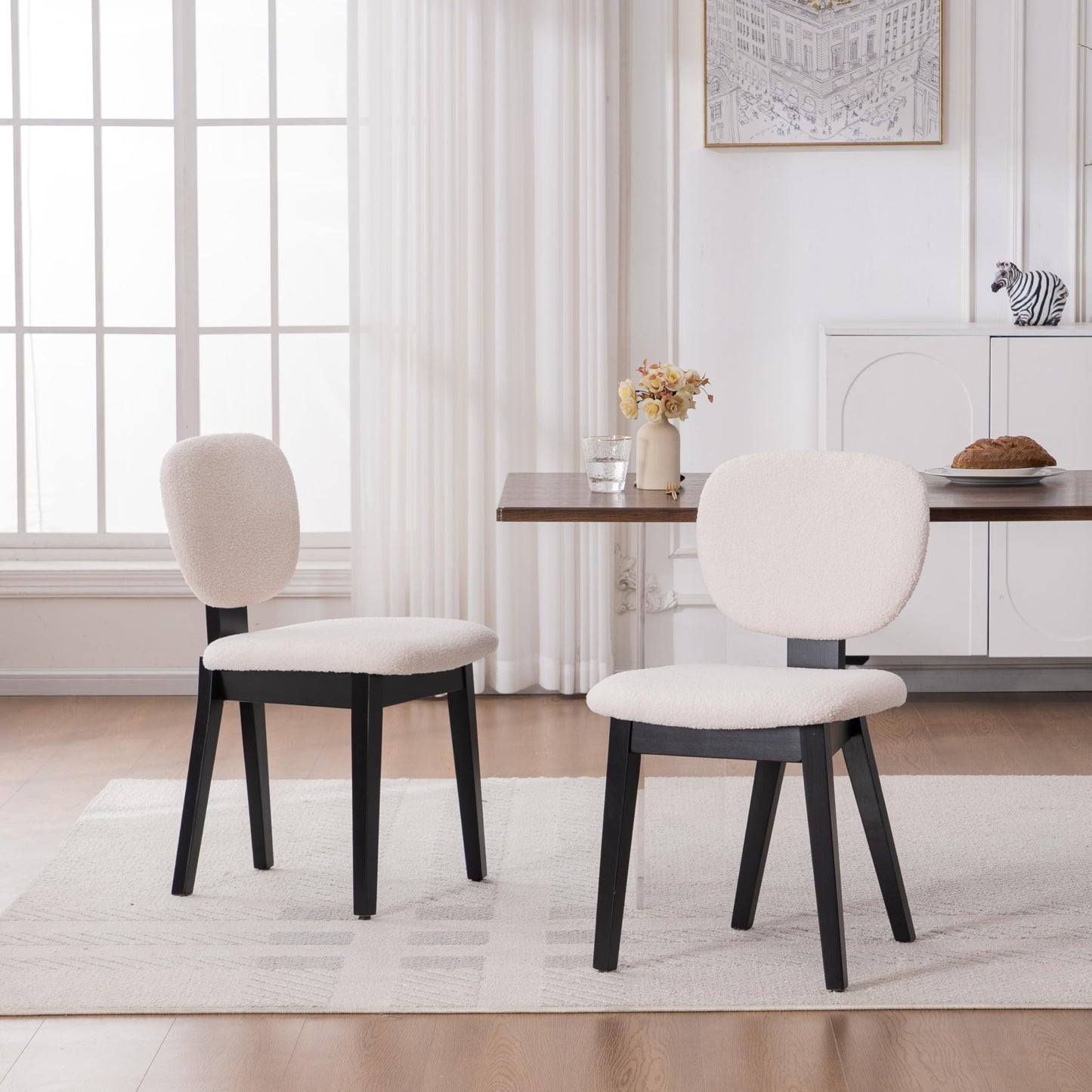 VKNOW Wooden Dining Chairs Set of 4, Mid Century Modern Upholstered Kitchen Side Chairs, Chenille Dining Room Chair with Curved Seat Backrest for Home Dining Room,Green