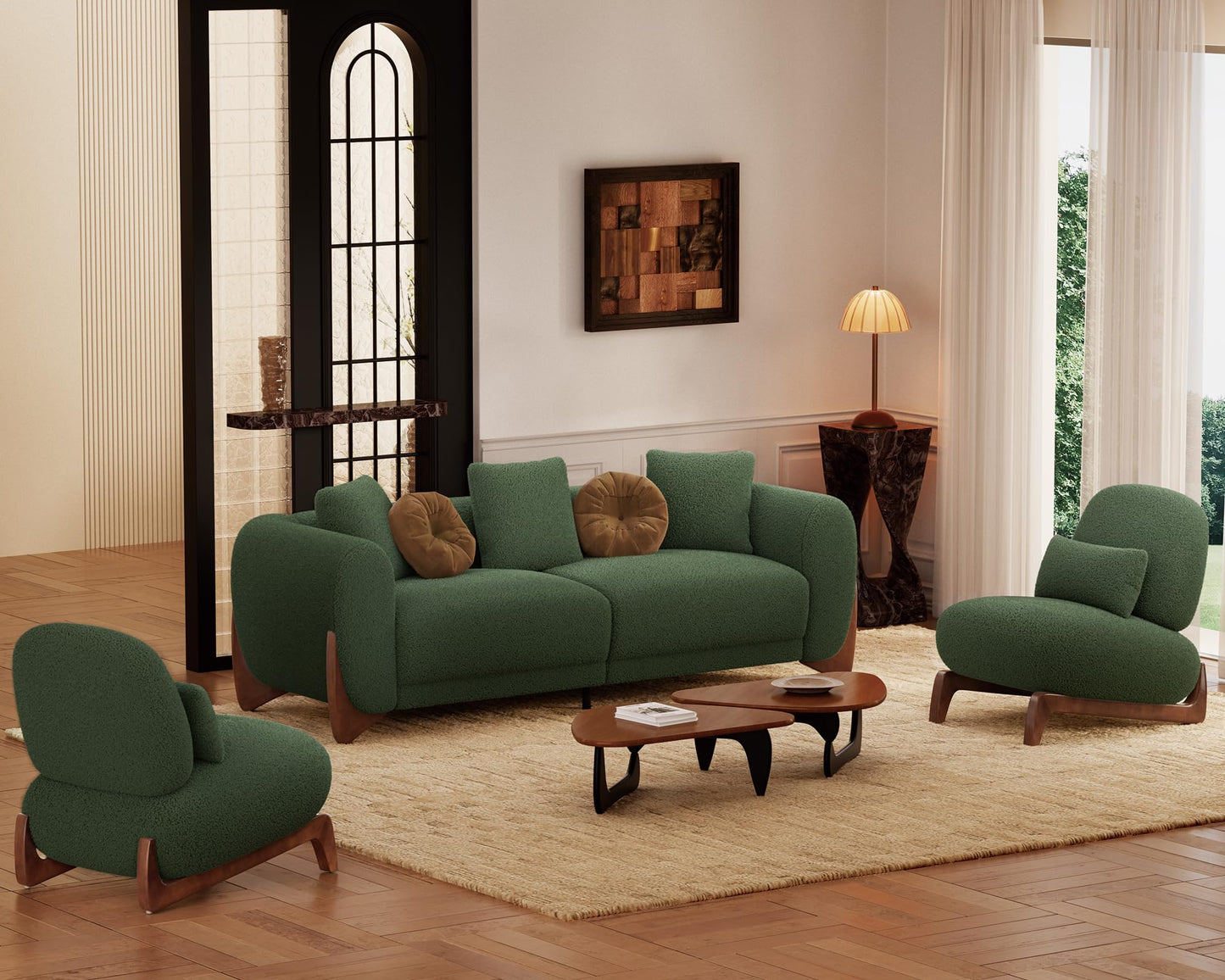 Morden Fort Modern Cloud Couch - 3 Seater Sherpa Boucle Sofa with Wood Legs, Ultra-Thick High Resilience Cushion with 3 Matching Pillows Upholstered Comfy Couch Sofa for Living Room - Off White