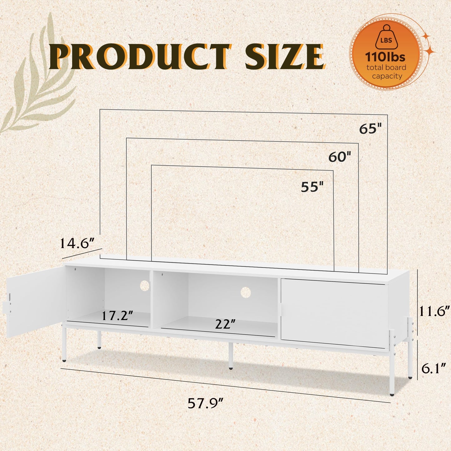 WLIVE Modern TV Stand for 65 Inch TV, Mid Century Entainment Center with Storage Cabinets, TV Console for Bedroom and Living Room, TV Cabinet with Metal Legs, White