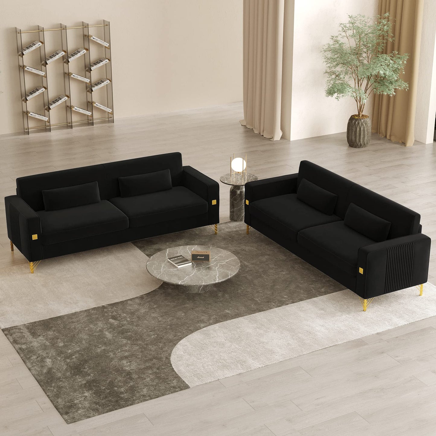 85.63" Velvet Sofa,Modern Loveseat Couch with Pillows Set of 2 for Living Room,Bedroom,Apartment Furniture with Gold Metal Legs (Green)
