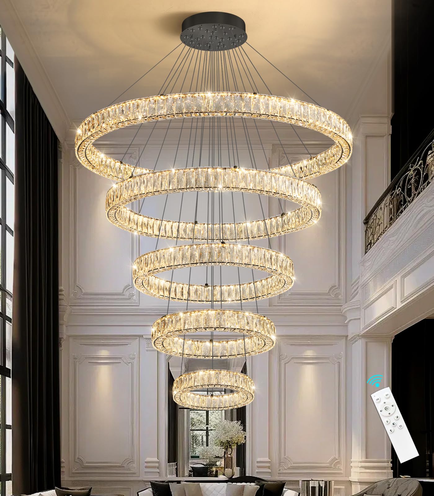 Modern Crystal Chandelier Dimmable LED Ring Pendant Lights Adjustable Glam Chandeliers Lighting Fixtures for Dining Room Living Room Bedroom Silver Light
