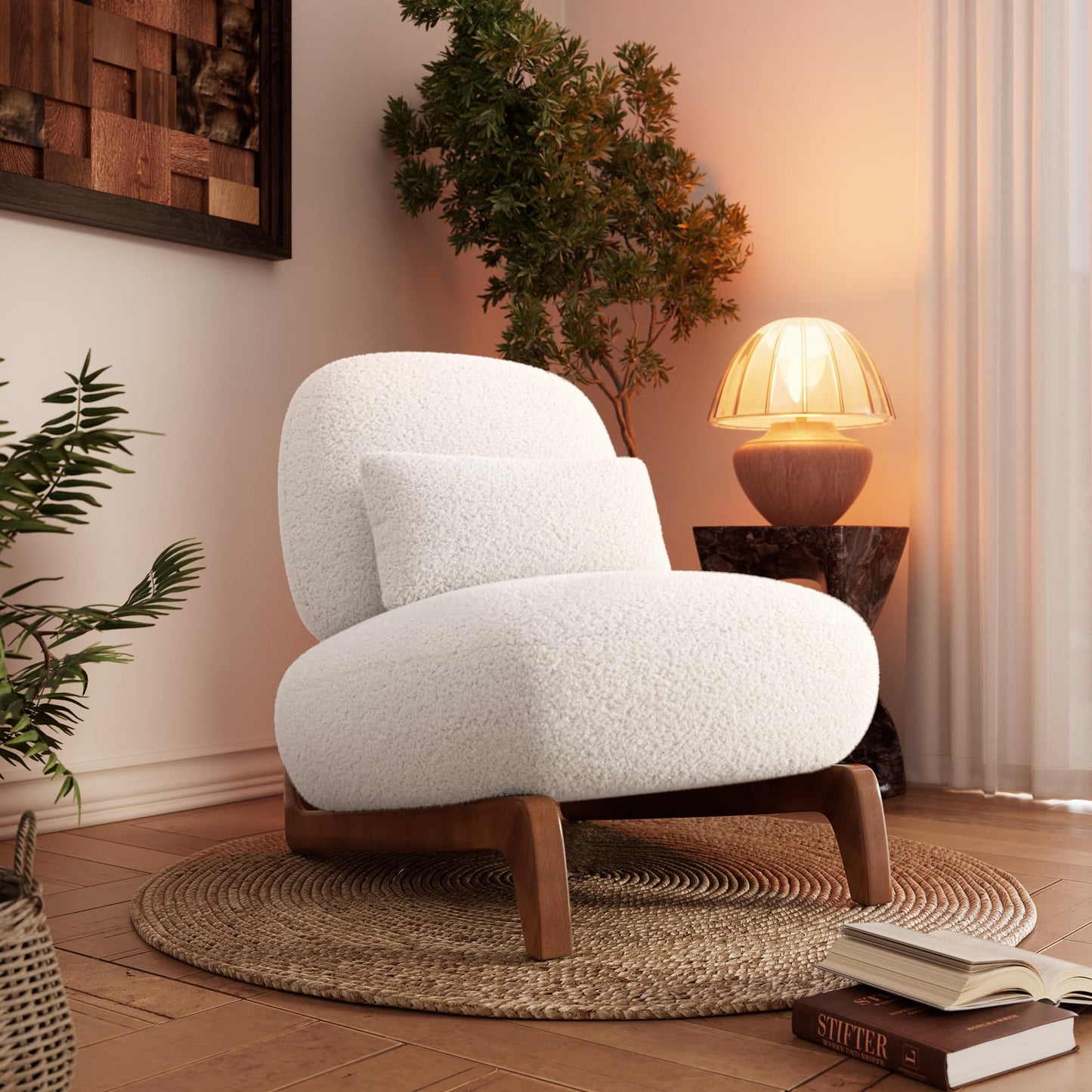 Morden Fort Modern Cloud Couch - 3 Seater Sherpa Boucle Sofa with Wood Legs, Ultra-Thick High Resilience Cushion with 3 Matching Pillows Upholstered Comfy Couch Sofa for Living Room - Off White