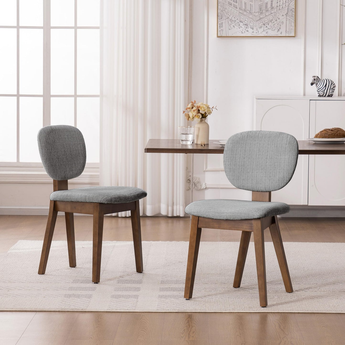 VKNOW Wooden Dining Chairs Set of 4, Mid Century Modern Upholstered Kitchen Side Chairs, Chenille Dining Room Chair with Curved Seat Backrest for Home Dining Room,Green