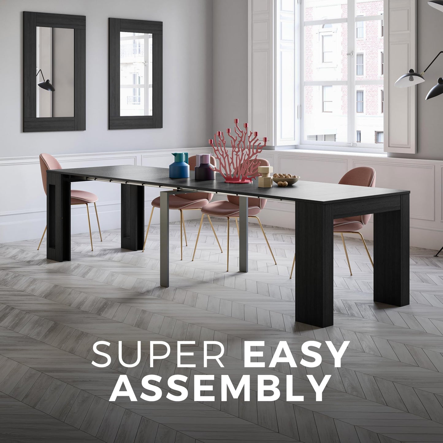 Mobili Fiver, Easy, Extendable Console Table with Extension Leaves Holder, 17.7(120.1) x35.4 in, Rustic Oak, for 4-12 People, Space Saving Dining Table for Entrance, Living Room, Italian Furniture