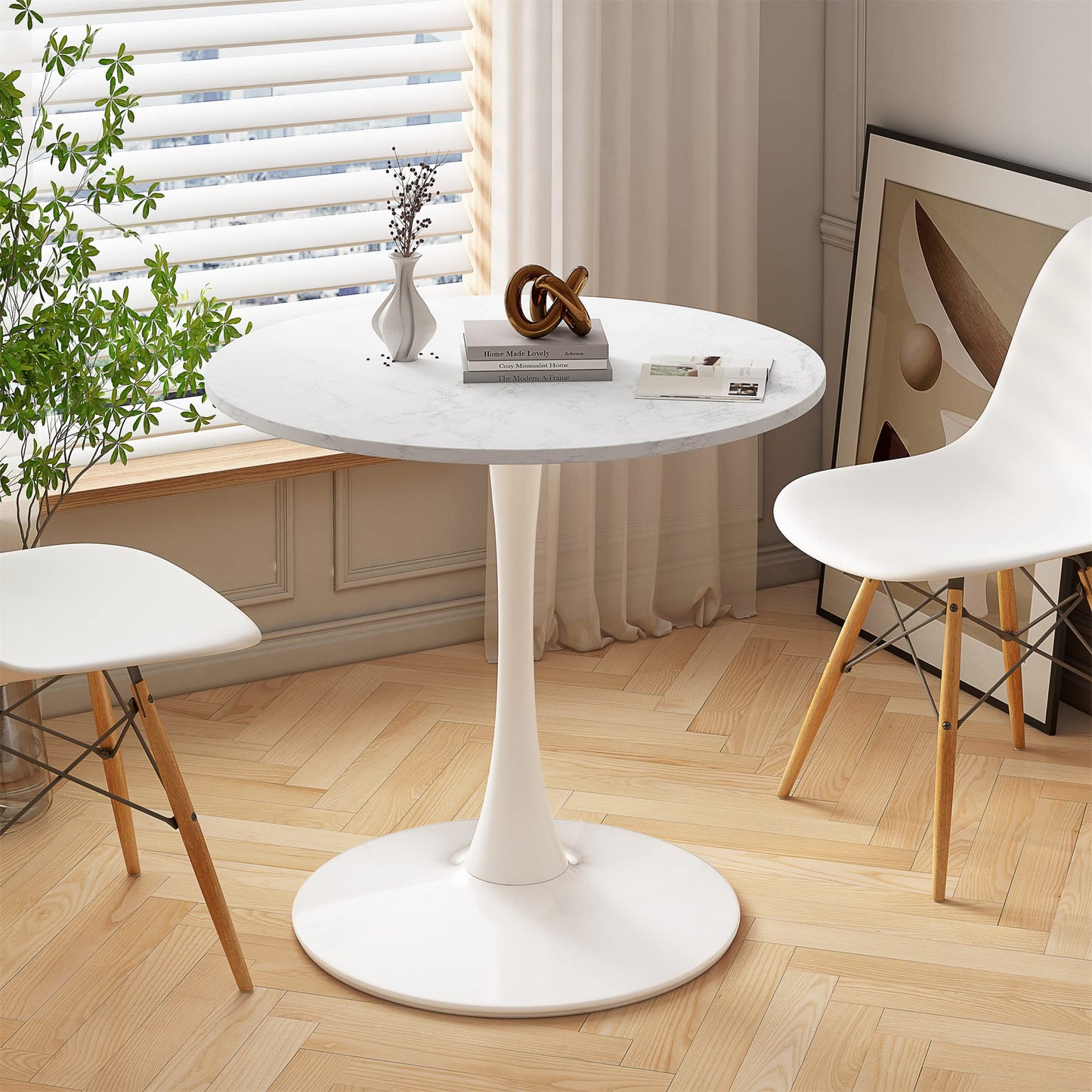 DKLGG 42" Modern Round Dining Table with MDF Top, Metal Base Pedestal Tulip Kitchen Table for 4-6 Person, Small Space Home, End Leisure Coffee Table, White