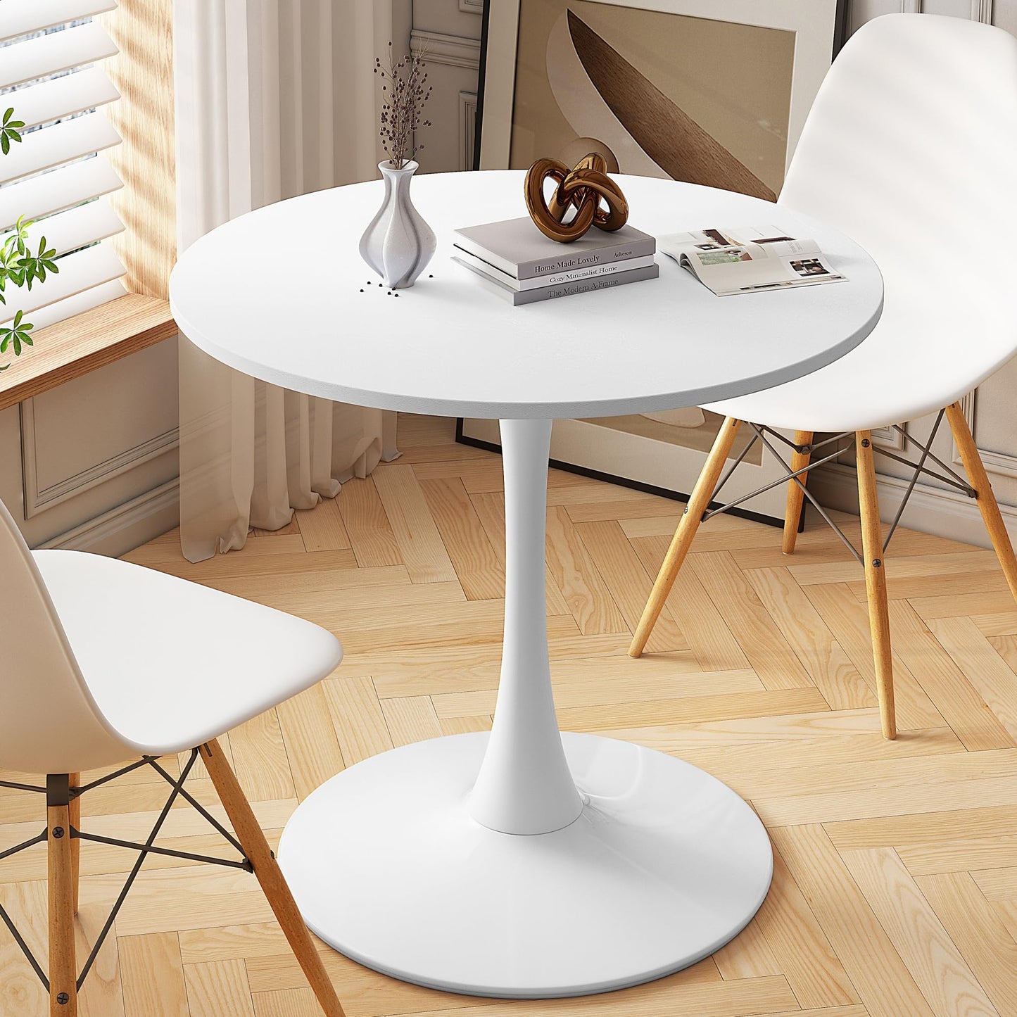 DKLGG 42" Modern Round Dining Table with MDF Top, Metal Base Pedestal Tulip Kitchen Table for 4-6 Person, Small Space Home, End Leisure Coffee Table, White