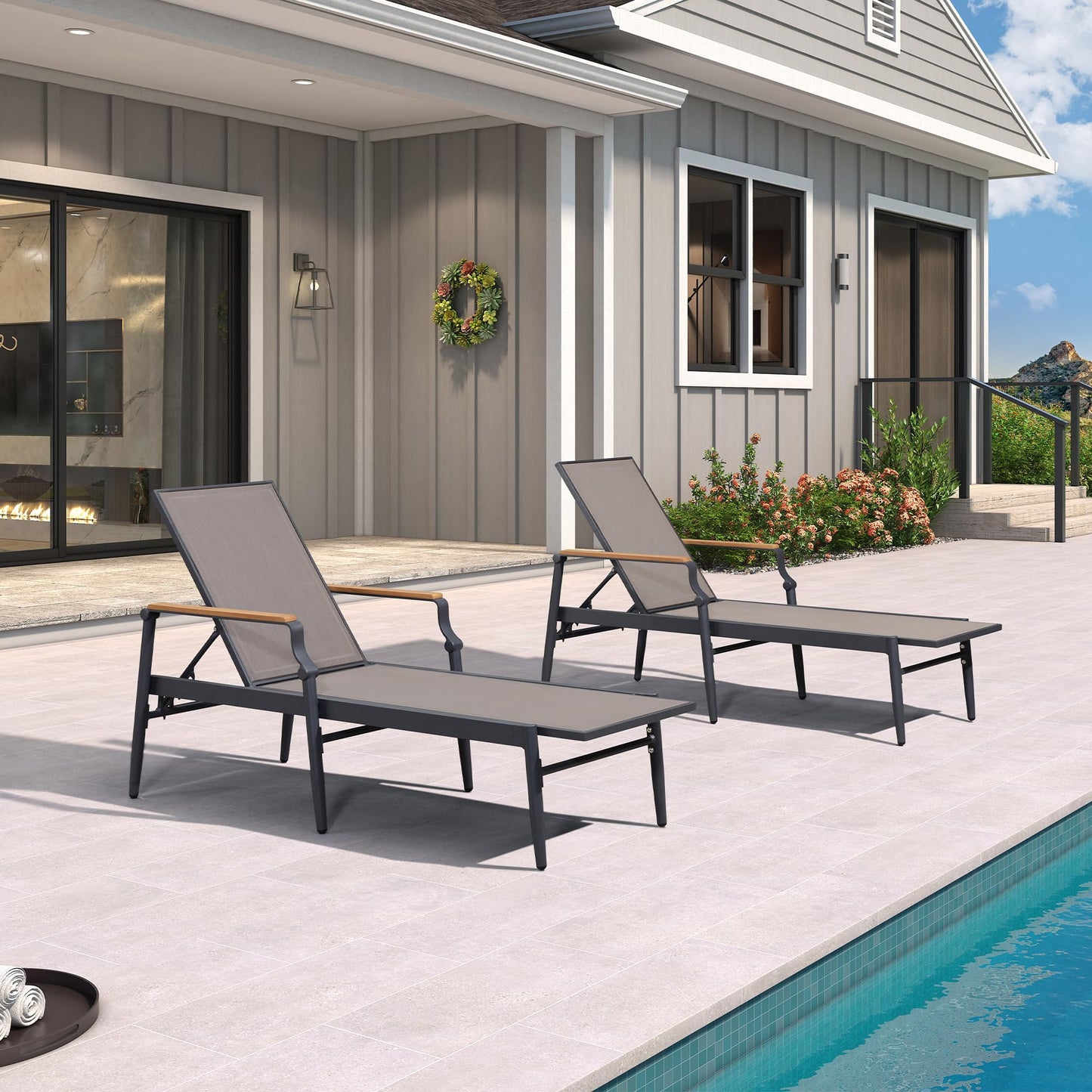 PURPLE LEAF Outdoor Chaise Lounge Chair Set of 2 Patio Pool Lounger Wicker Chairs with Wooden Armrest Sunbathing Tanning Recliner for Pool Backyard Garden Dark Brown