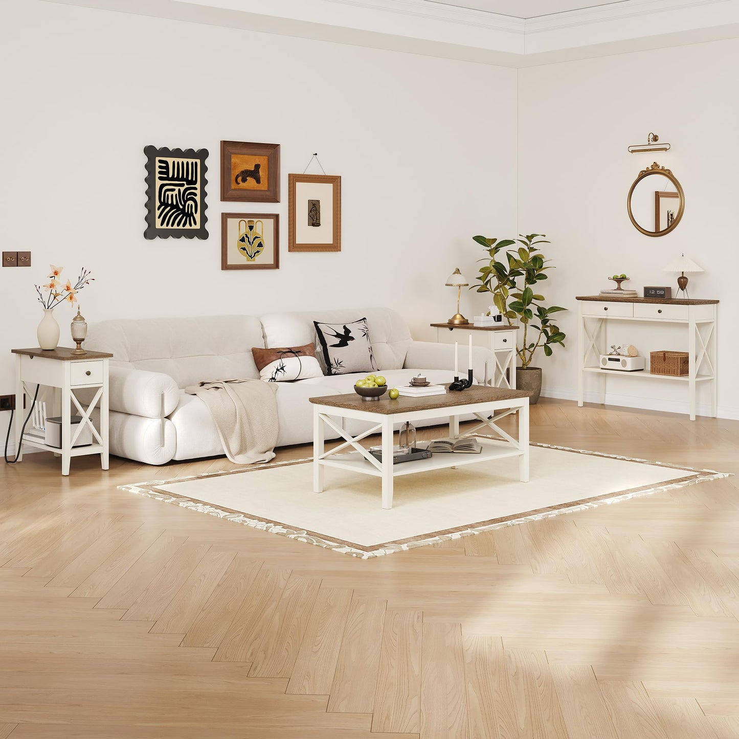 ChooChoo White Coffee Table Classic X Design for Living Room, Rectangular Modern Cocktail Table with Storage Shelf, 39 Inch