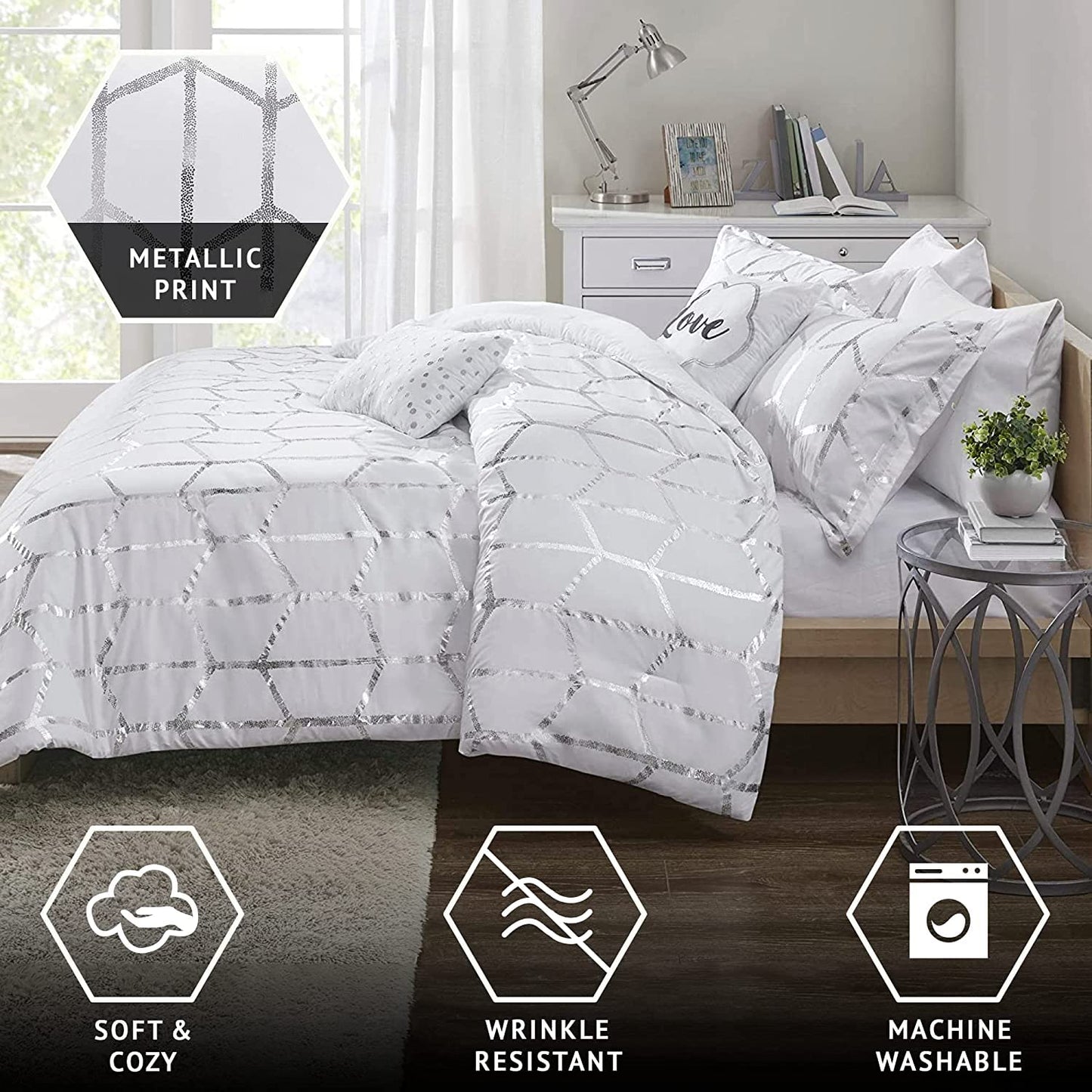 Intelligent Design, Soft Microfiber Comforter Modern Geometric Metallic Bed Set, Full/Queen, Grey/Silver