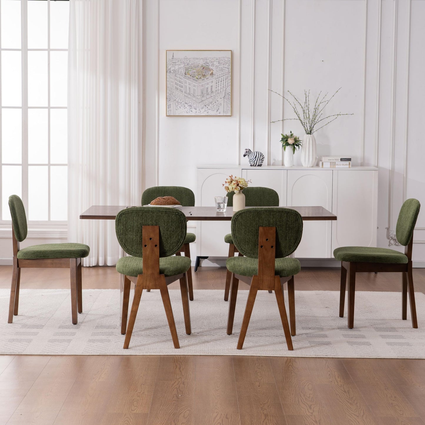VKNOW Wooden Dining Chairs Set of 4, Mid Century Modern Upholstered Kitchen Side Chairs, Chenille Dining Room Chair with Curved Seat Backrest for Home Dining Room,Green