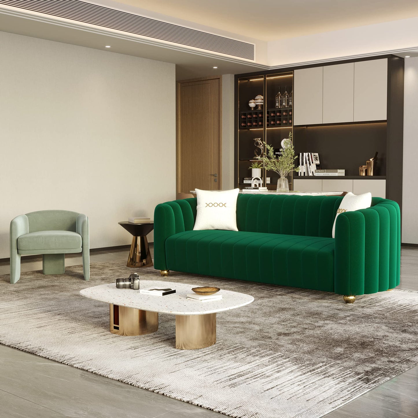 83'' Sofa for Living Room Modern Teddy Short Plush Couch 3-Seater Apartment Sofa with 2 Pillows & Golden Metal Legs