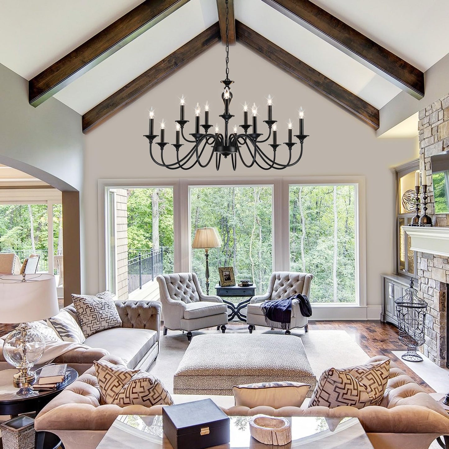 15 Light Black Farmhouse Chandeliers for Dining Room Light Fixtures Over Table, Vintage Candle Large Chandelier for Living Room Foyer Staircase Restaurant Showroom Villa