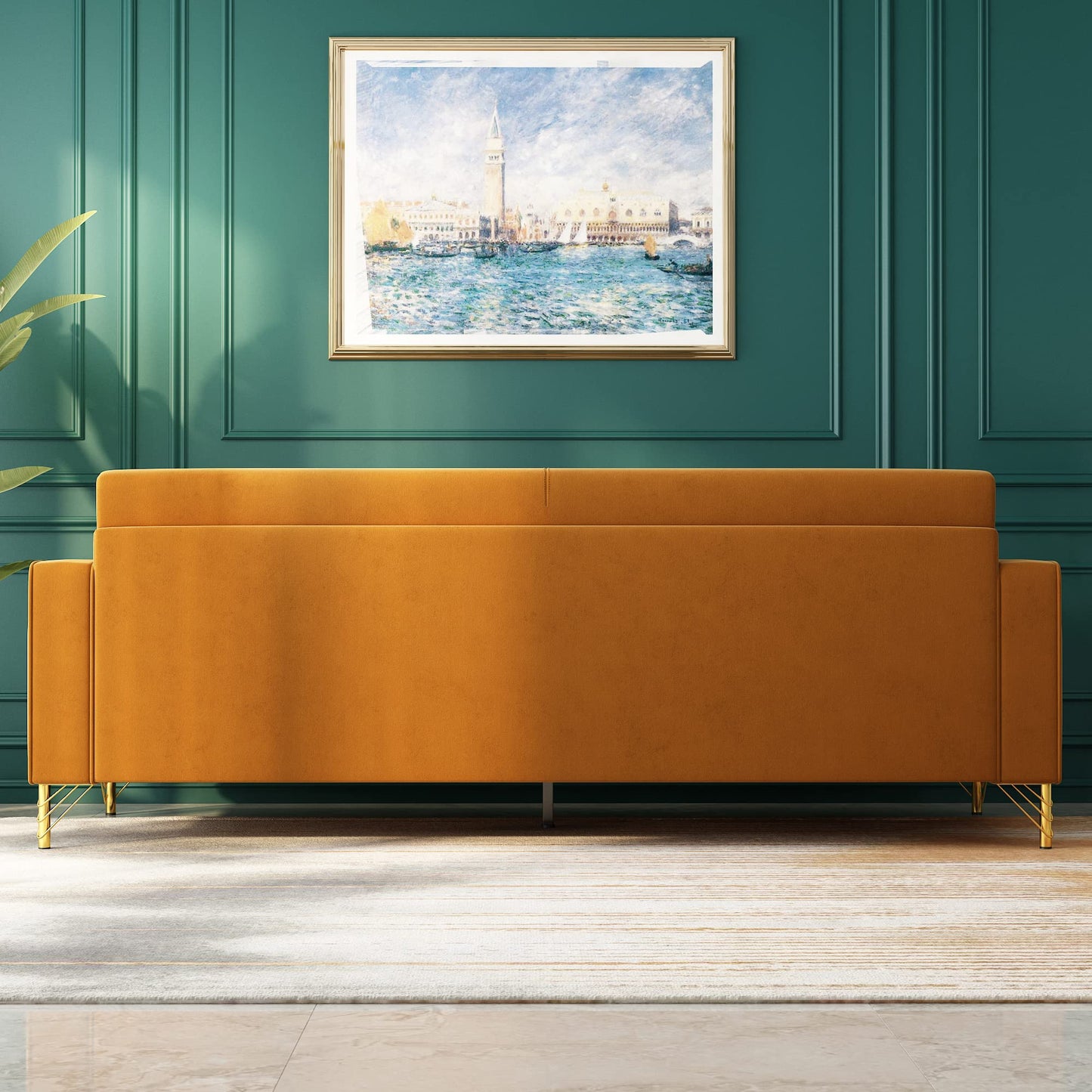 85.63" Velvet Sofa,Modern Loveseat Couch with Pillows Set of 2 for Living Room,Bedroom,Apartment Furniture with Gold Metal Legs (Green)