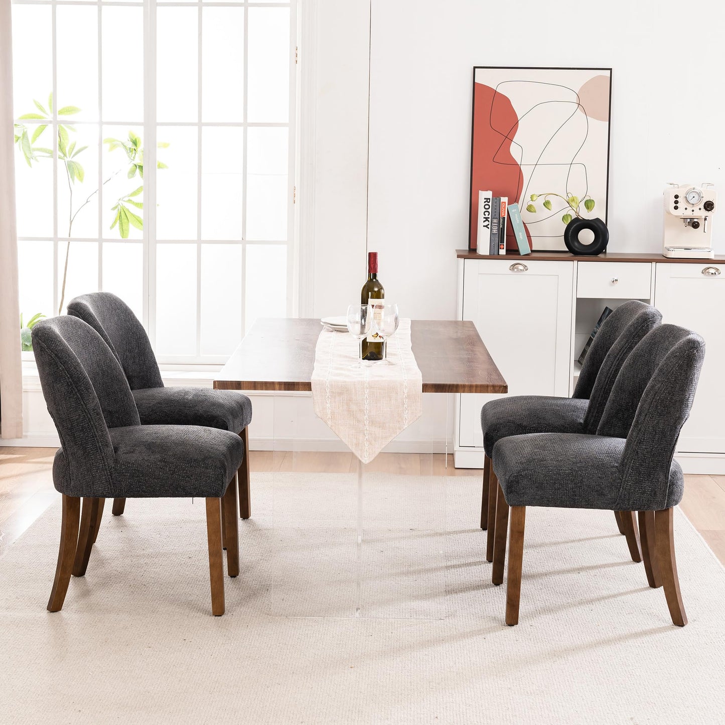 VKNOW Wooden Dining Chairs Set of 2, Modern Fabric Upholstered Dining Room Chair Kitchen Chairs, Farmhouse Dinner Chair for Kitchen Dining Room, Beige-Black Legs