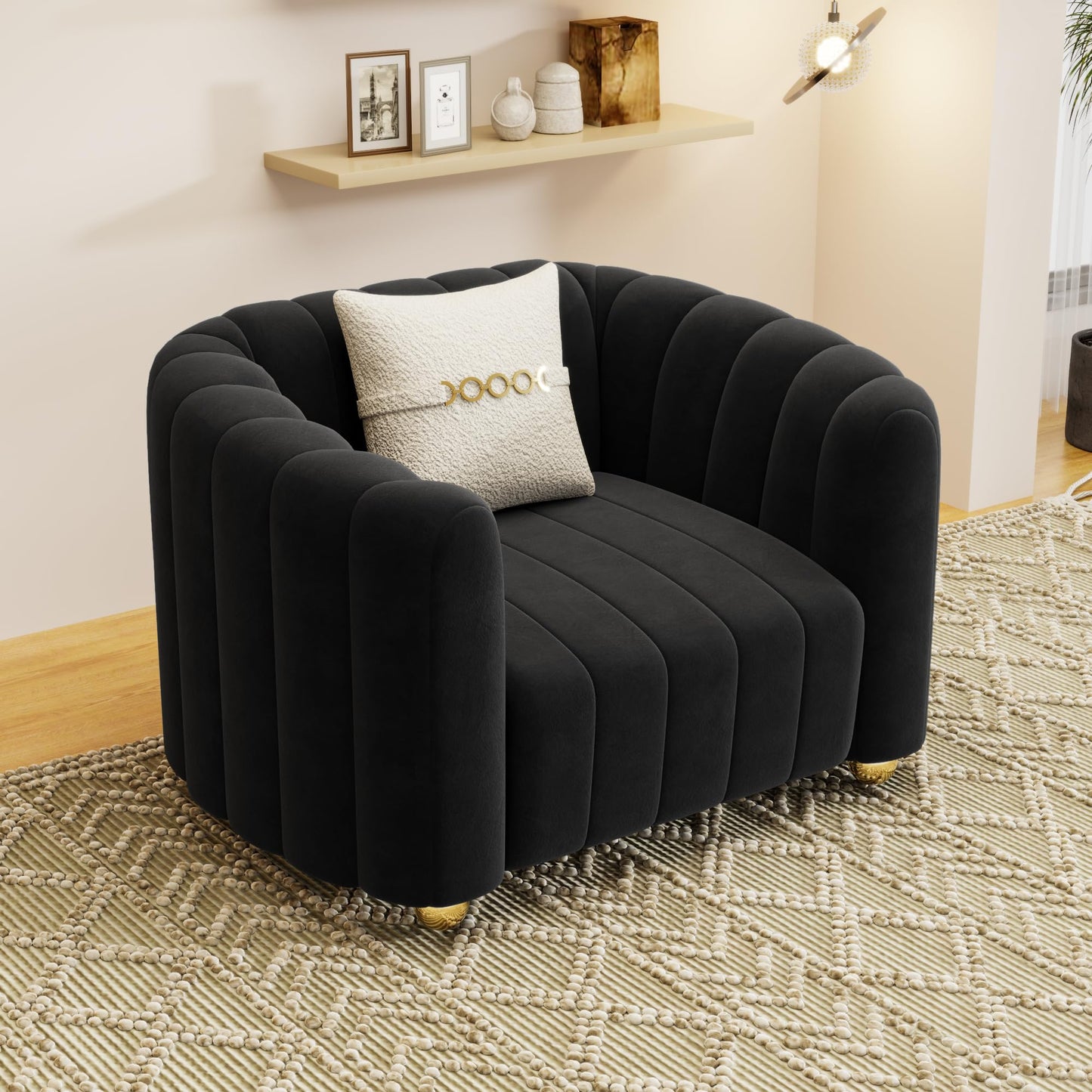 83'' Sofa for Living Room Modern Teddy Short Plush Couch 3-Seater Apartment Sofa with 2 Pillows & Golden Metal Legs