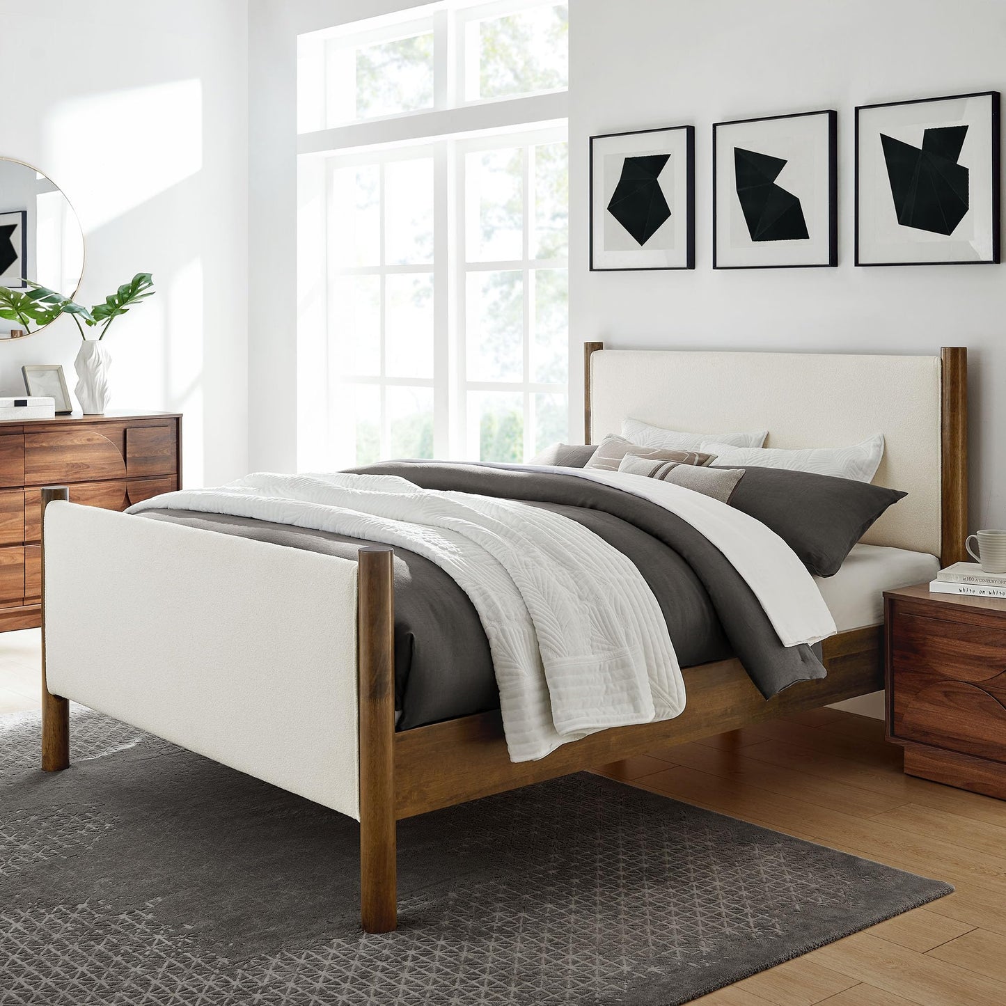 Modway Maven King Size Bed Frame in Tan Walnut with Faux Leather Upholstered Headboard and Footboard – Wood King Platform Bed Frame – No Box Spring Needed