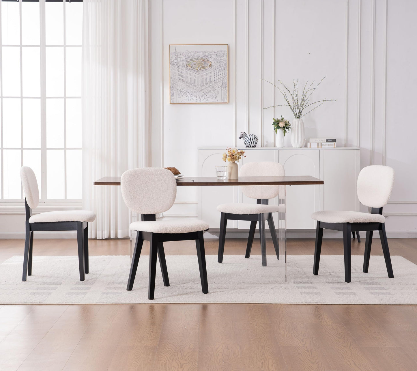 VKNOW Wooden Dining Chairs Set of 4, Mid Century Modern Upholstered Kitchen Side Chairs, Chenille Dining Room Chair with Curved Seat Backrest for Home Dining Room,Green