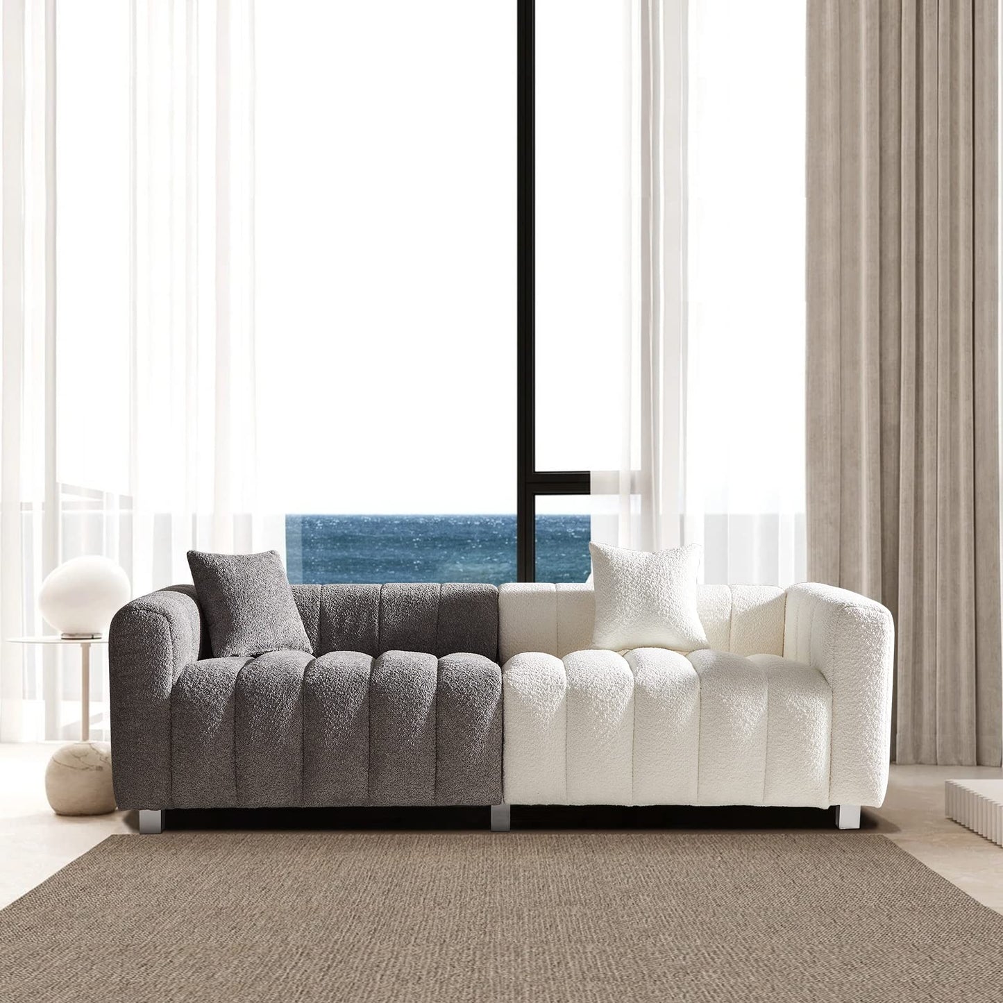 87.4" Modern 3 Seater Boucle Sofa Couch for Living Room, Mid Century Fluffy Couches with Solid Wood Frame and 6 Legs for Bedroom, Apartment, Weight Capacity 750 LBS (White)