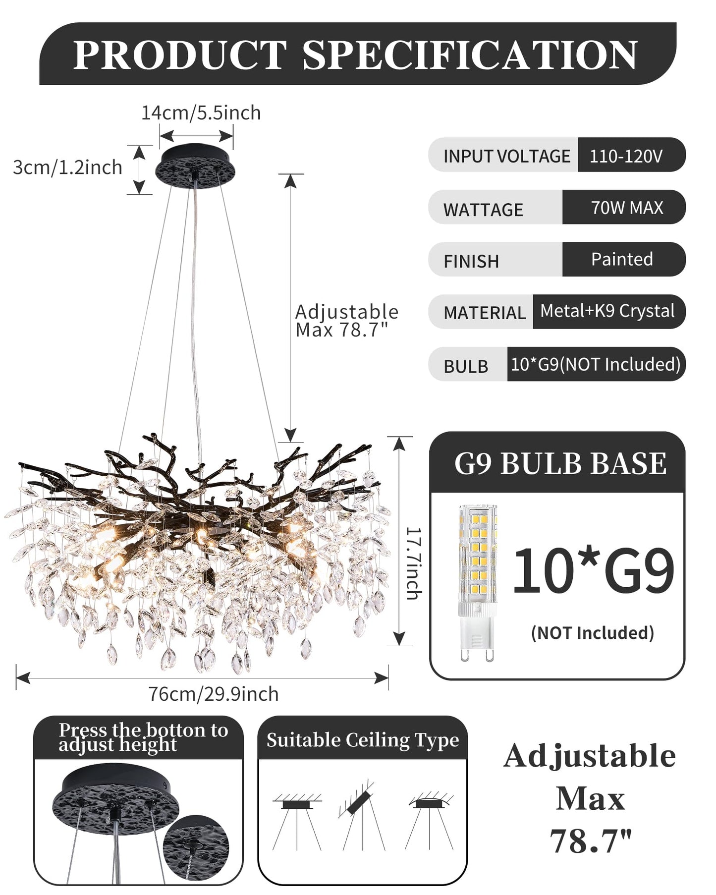 Modern Tree Branch Crystal Chandelier Luxury Silver Crystal Pendant Lighting 18" Contemporary 6-Light Chandeliers for Dining Room Kitchen Bedroom Living Room