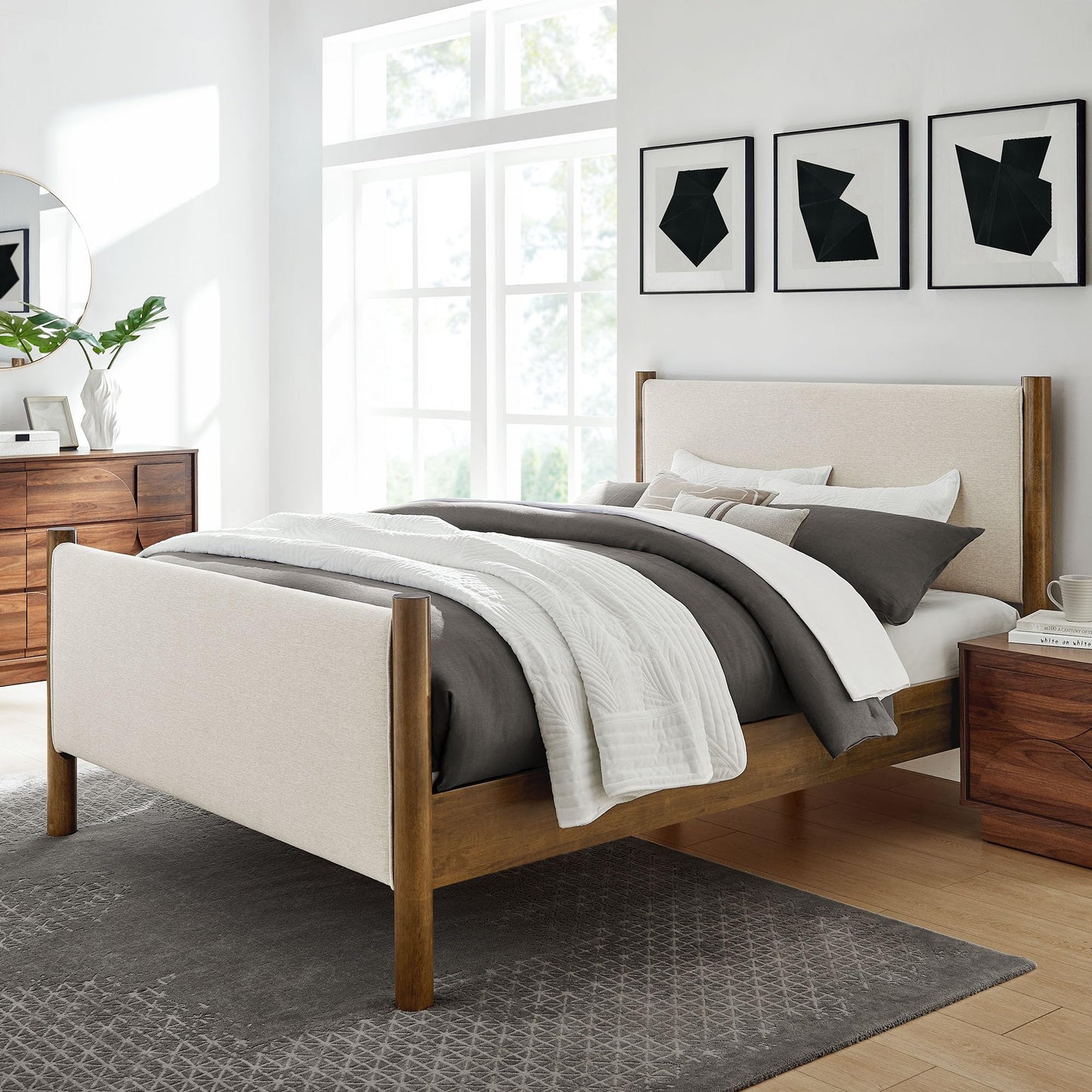 Modway Maven King Size Bed Frame in Tan Walnut with Faux Leather Upholstered Headboard and Footboard – Wood King Platform Bed Frame – No Box Spring Needed