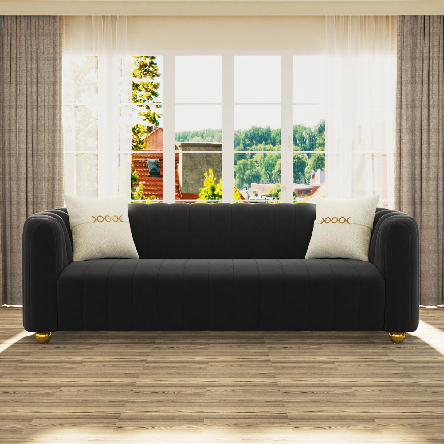 83'' Sofa for Living Room Modern Teddy Short Plush Couch 3-Seater Apartment Sofa with 2 Pillows & Golden Metal Legs