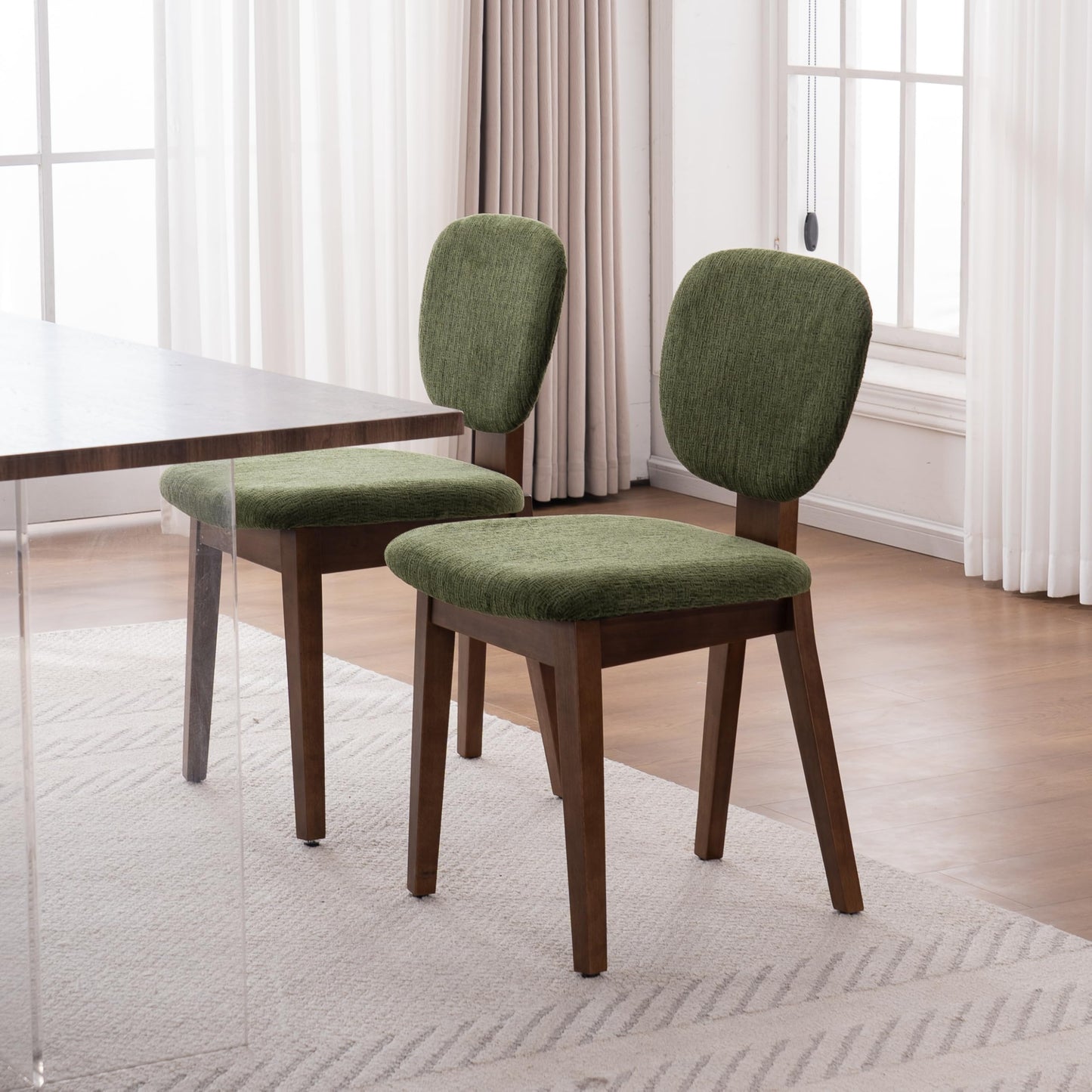 VKNOW Wooden Dining Chairs Set of 4, Mid Century Modern Upholstered Kitchen Side Chairs, Chenille Dining Room Chair with Curved Seat Backrest for Home Dining Room,Green